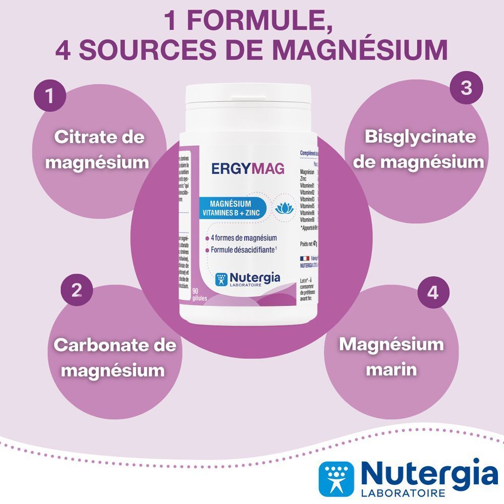 Deux flacons d'Ergymag Nutergia, complément magnésium avec vitamines B et zinc. 90 gélules par flacon.