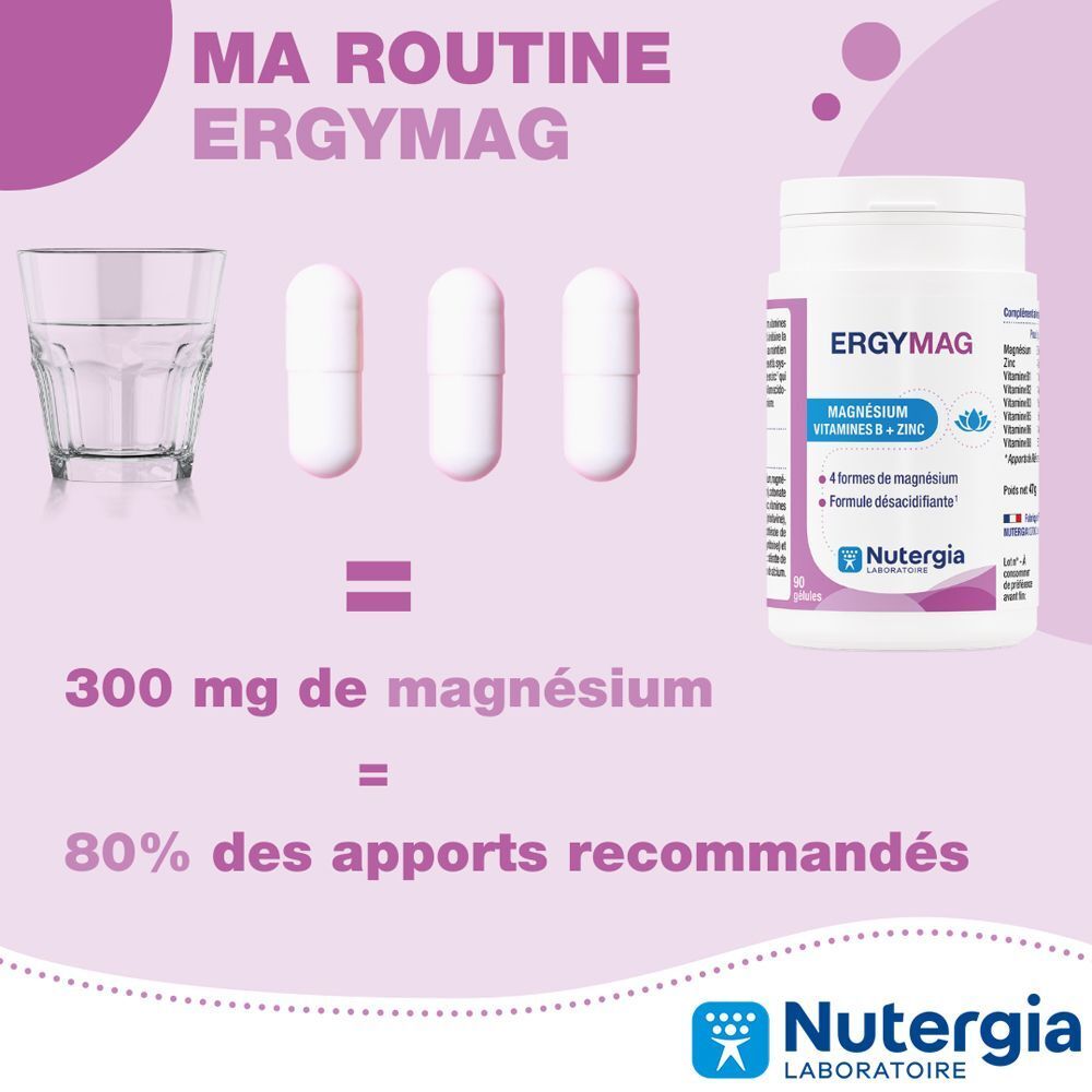 Ergymag Nutergia : 1 formule, 4 sources de magnésium (citrate, carbonate, bisglycinate, marin).