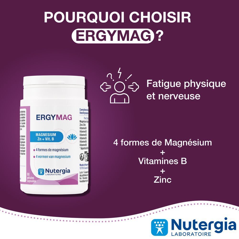 Ergymag Nutergia : Indications pour tressautements, contractions musculaires et fatigue liée au stress.