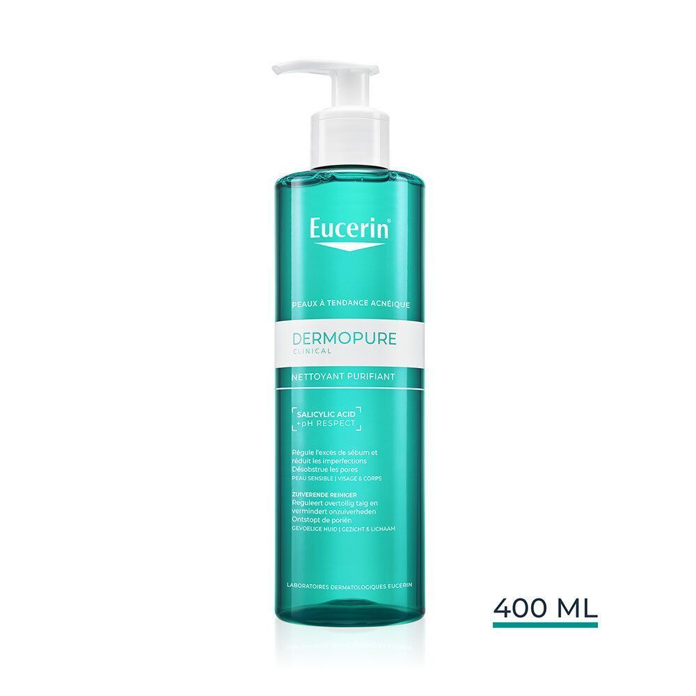 Gel Nettoyant Eucerin DermoPure dans un flacon transparent avec distributeur à pompe, 400 ml.