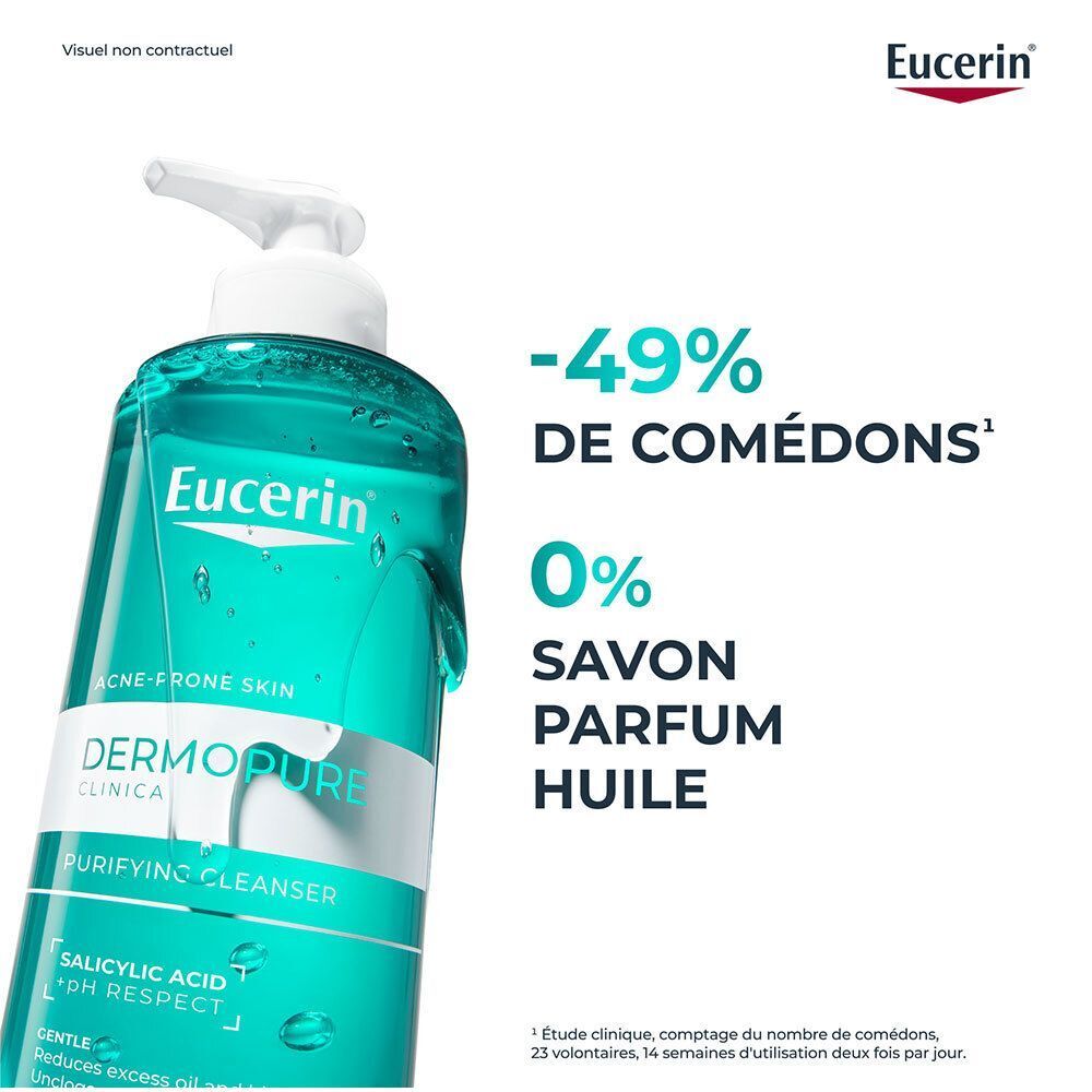 Gros plan d'un flacon de Gel Nettoyant Eucerin DermoPure, avec texte sur l'efficacité.