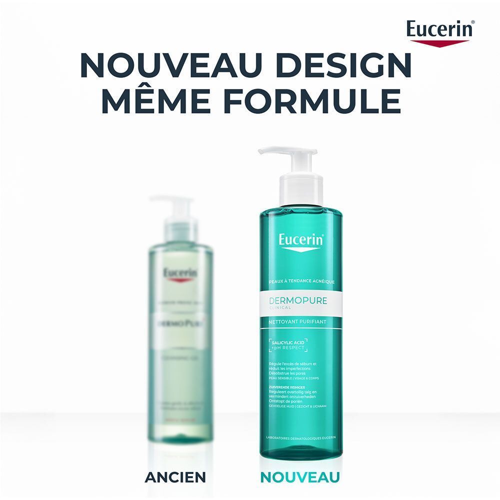 Comparaison entre l'ancien et le nouveau design du Gel Nettoyant Eucerin DermoPure.