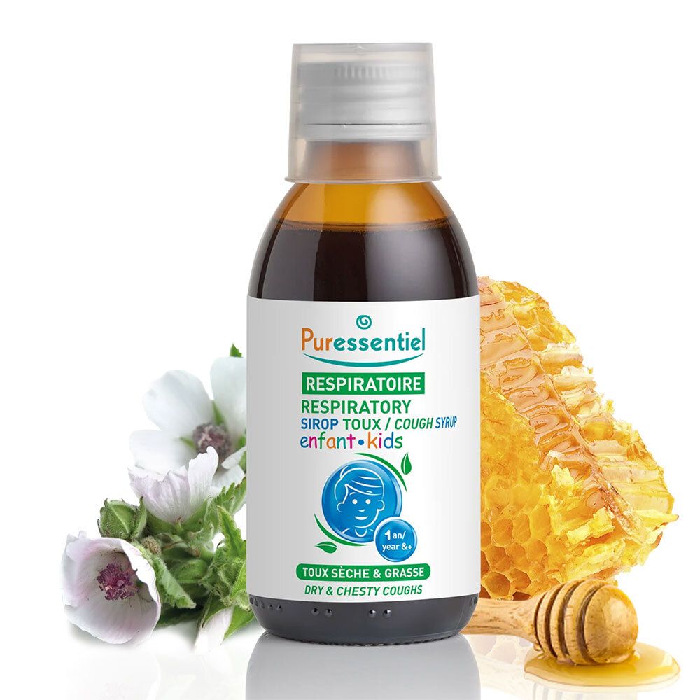 Flacon de sirop pour la toux avec rayon de miel et fleurs. Inscription: RESPIRATOIRE. Pour enfants.