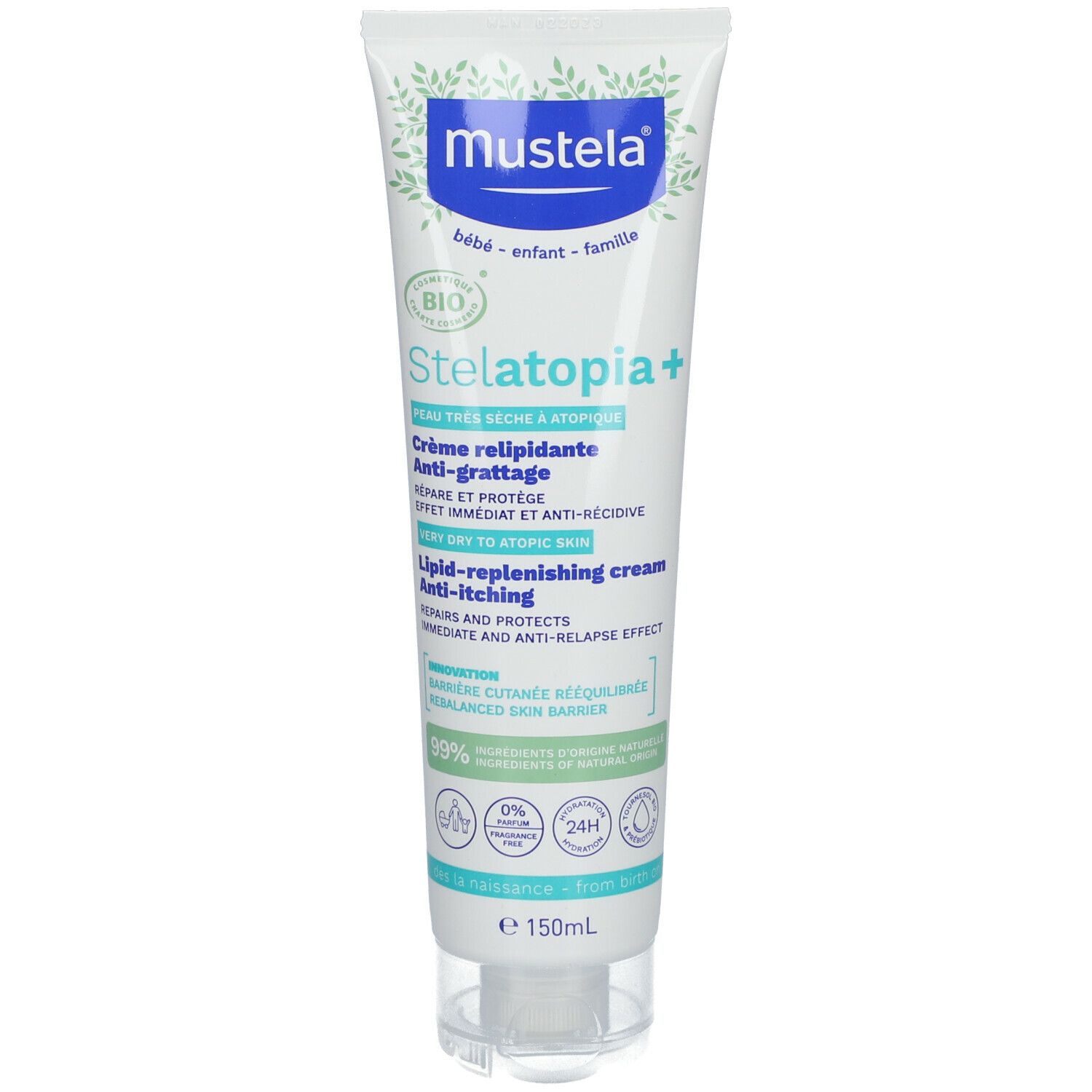 Tube de crème avec logo et nom du produit. Certifié BIO. Crème anti-grattage pour peau atopique.