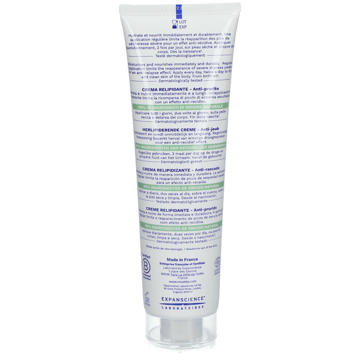 Dos du tube de crème. Texte multilingue. Certification BIO. Informations fabricant.