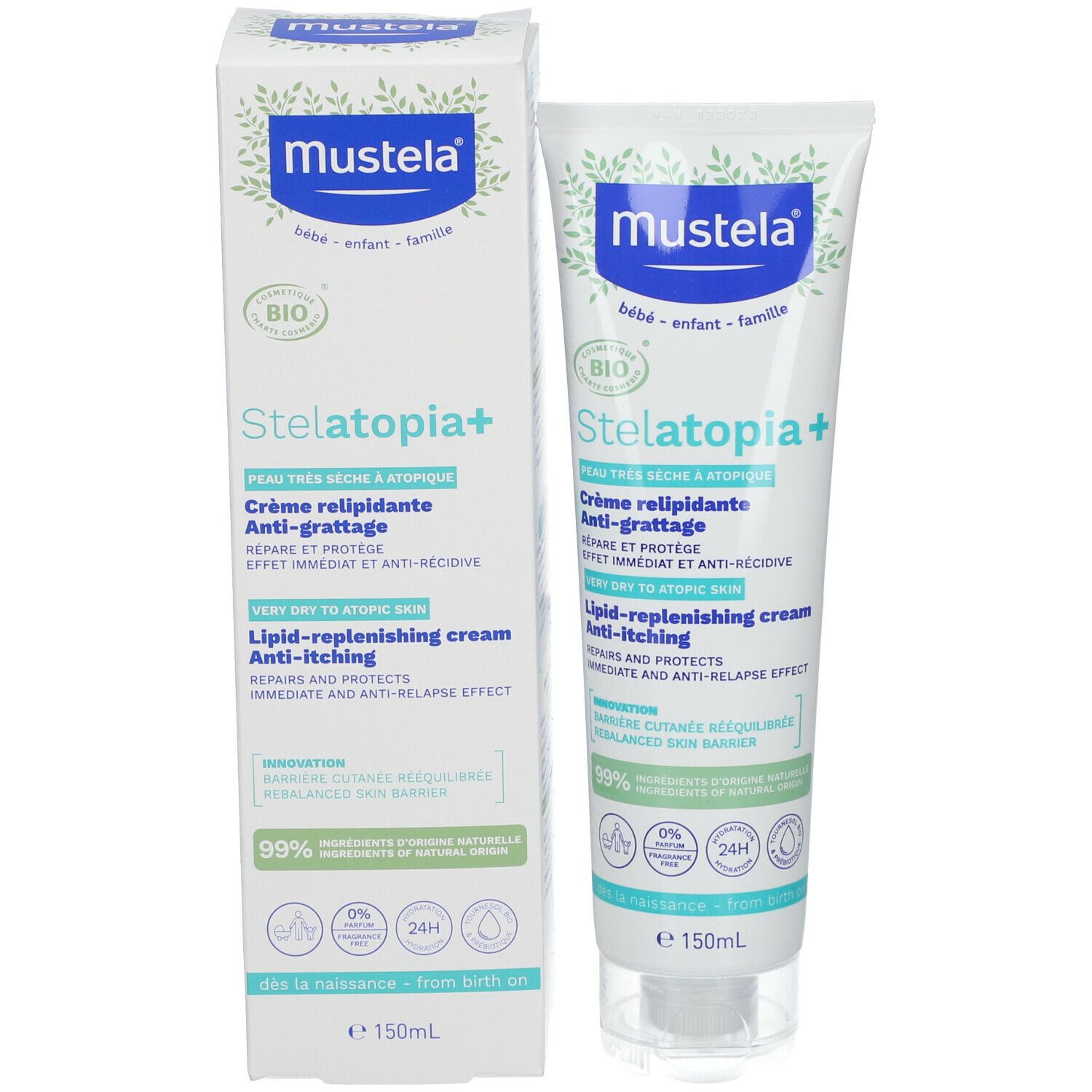 Emballage du produit avec tube et boîte. Logo et nom du produit. Certifié BIO. Crème anti-grattage.