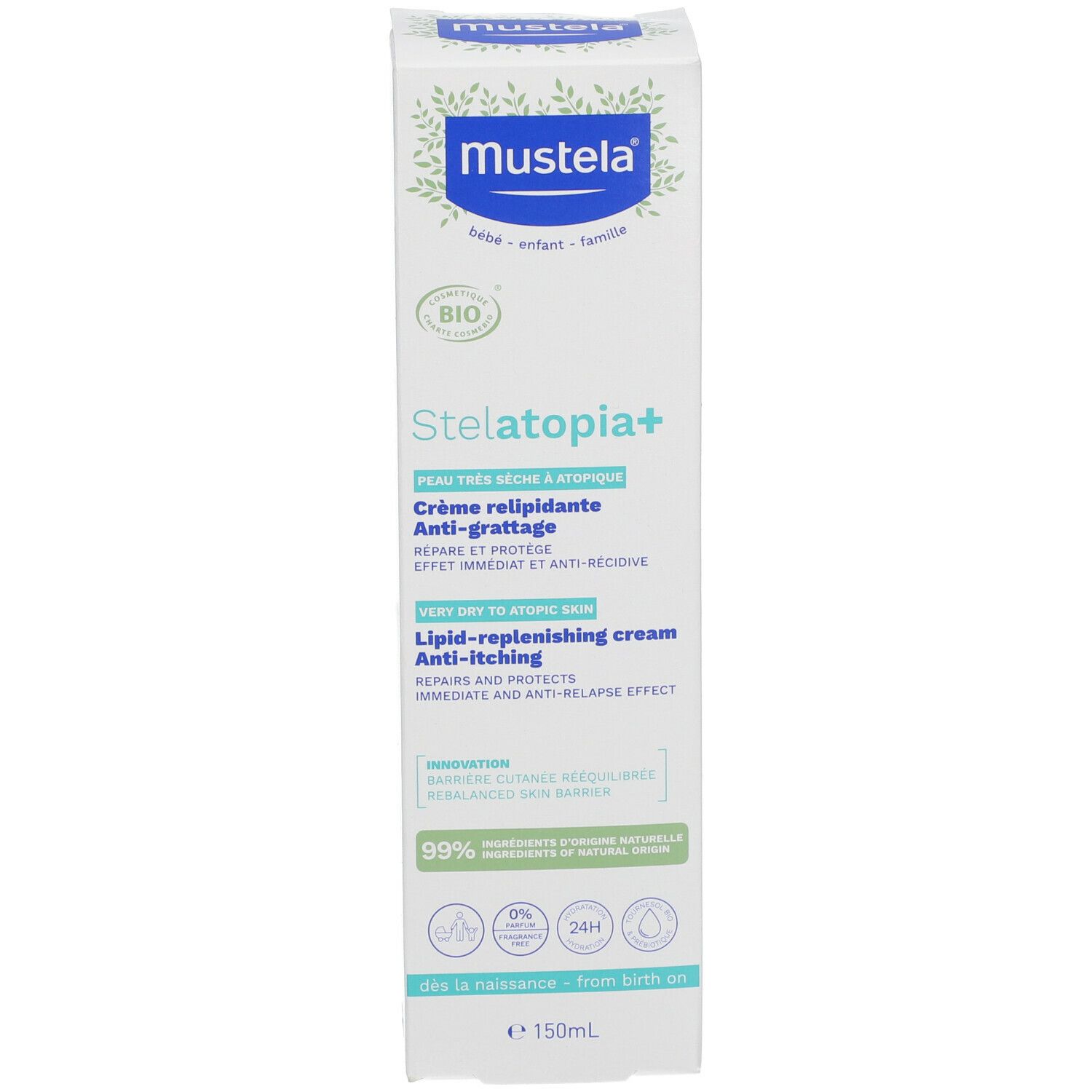 Boîte en carton avec logo et nom du produit. Certifié BIO. Crème anti-grattage pour peau atopique.