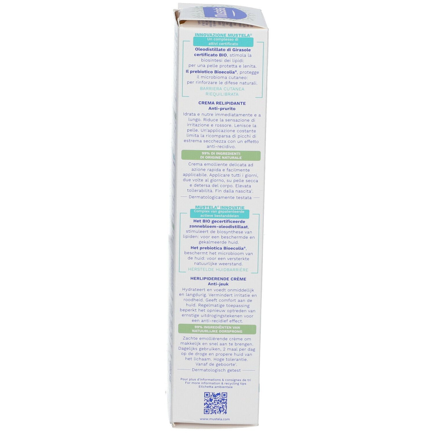 Vue latérale de la boîte en carton. Texte multilingue. Certification BIO. Informations fabricant.
