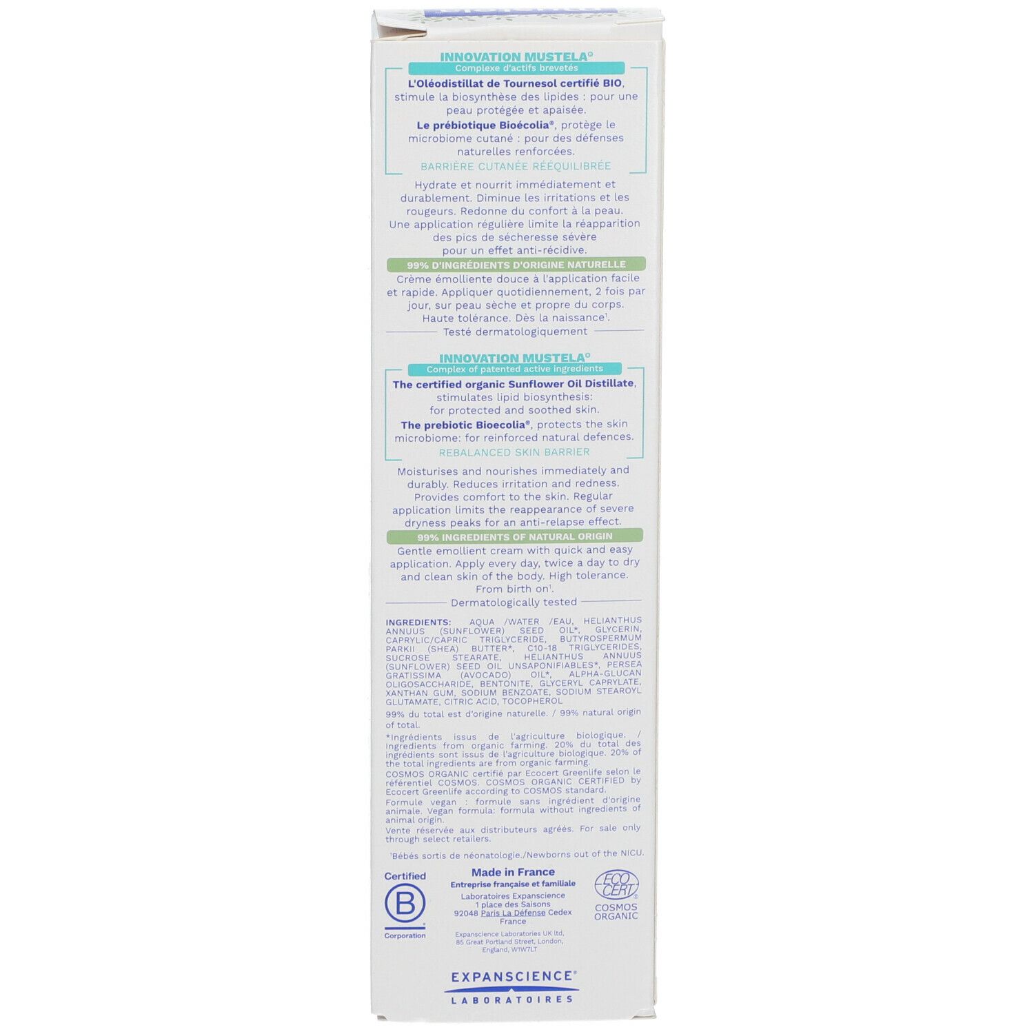 Dos de la boîte en carton. Texte multilingue. Certification BIO. Informations fabricant.
