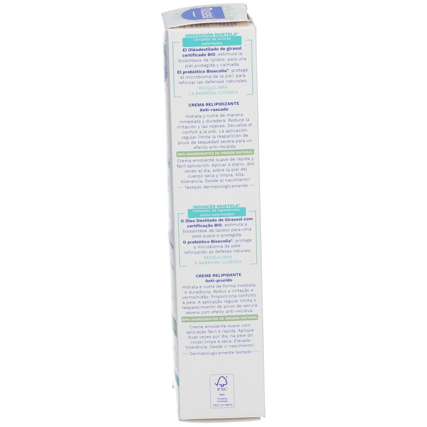 Vue latérale de la boîte en carton. Texte multilingue. Certification BIO. Informations fabricant.