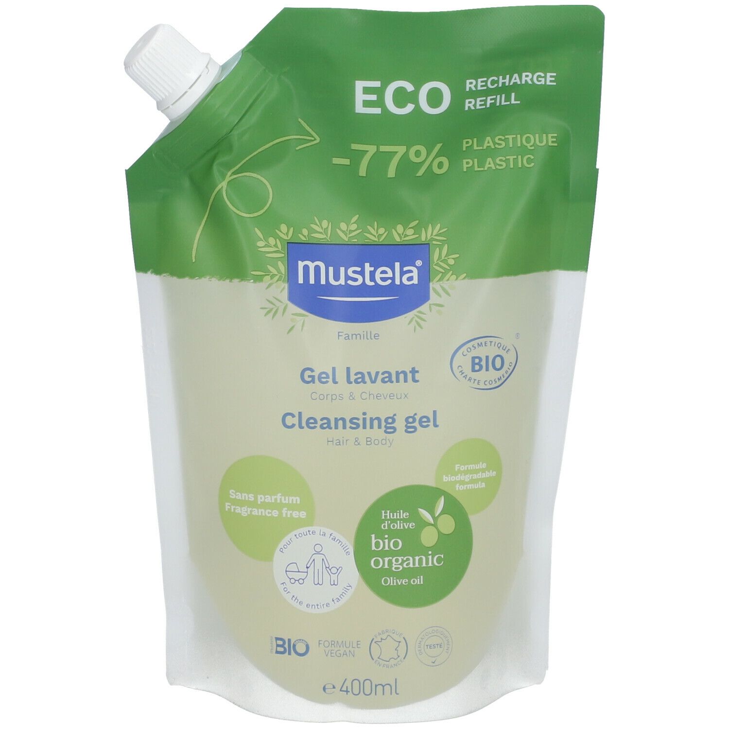 Recharge Mustela, gel lavant corps & cheveux, certifié BIO. Emballage souple, vert et blanc. Bouchon blanc. Inscription: Eco-Recharge, -77% plastique.