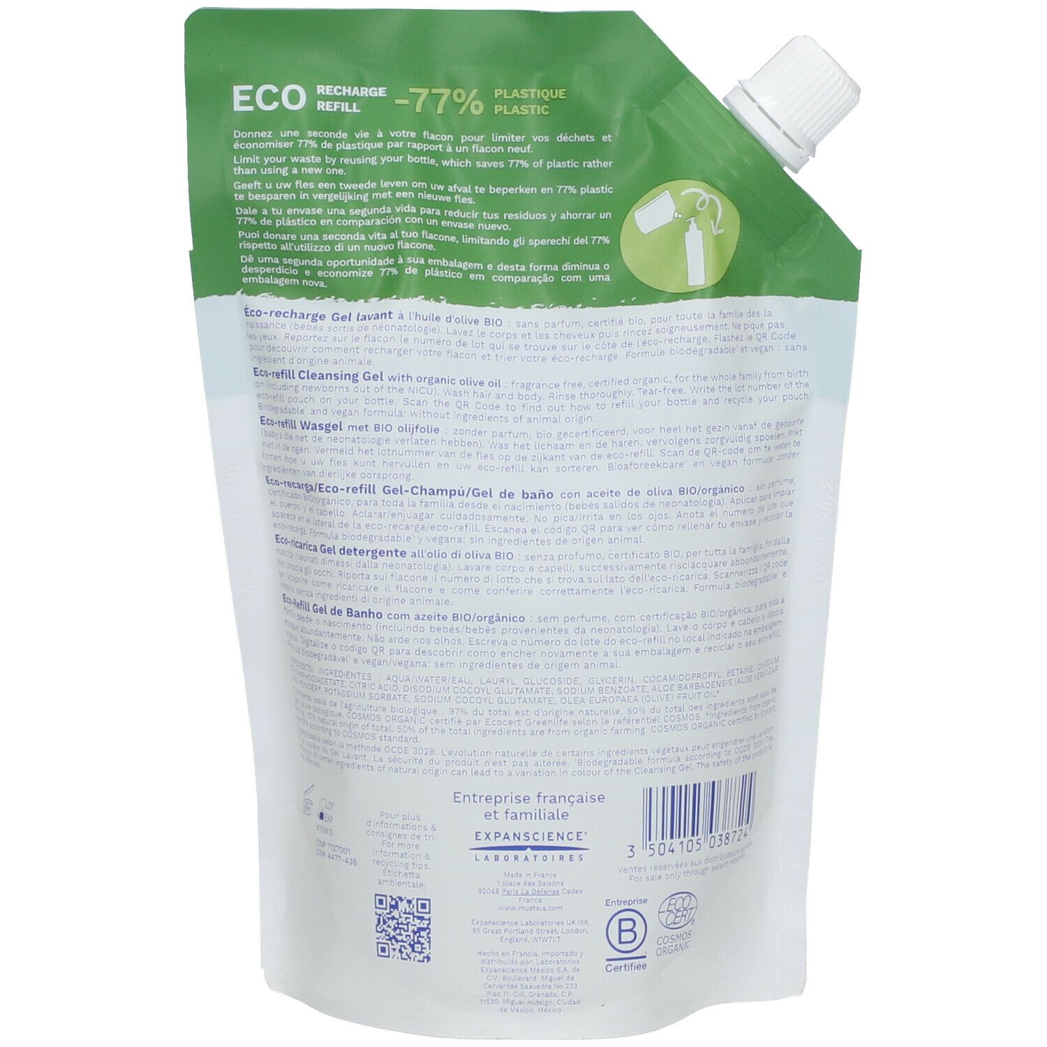 Dos de la recharge Mustela. Texte multilingue. Certificat BIO. Code-barres. Informations fabricant.