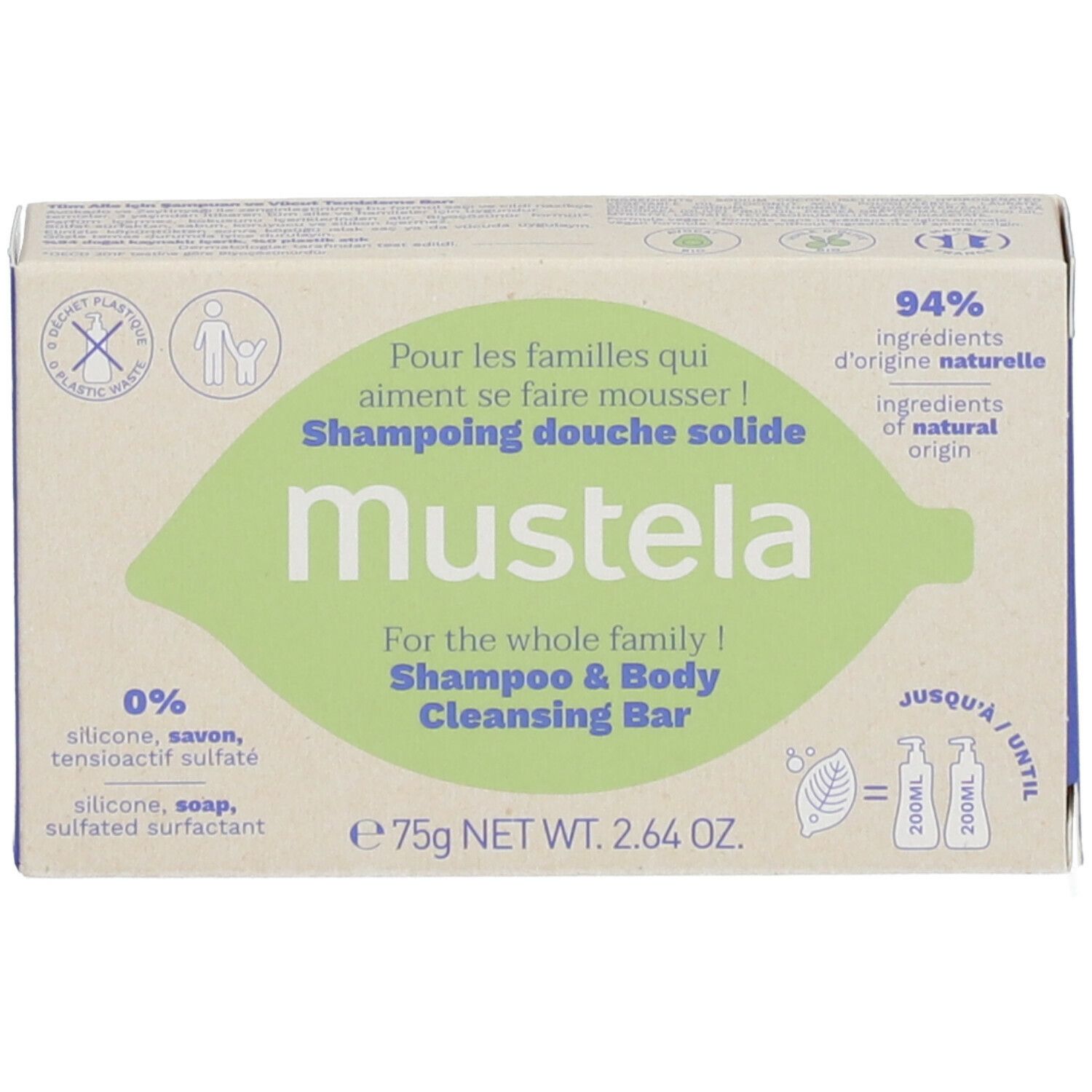 Boîte en carton avec nom et logo du produit. Contient 75g. 94% d'ingrédients d'origine naturelle. Sans silicone, savon ni tensioactifs sulfatés.