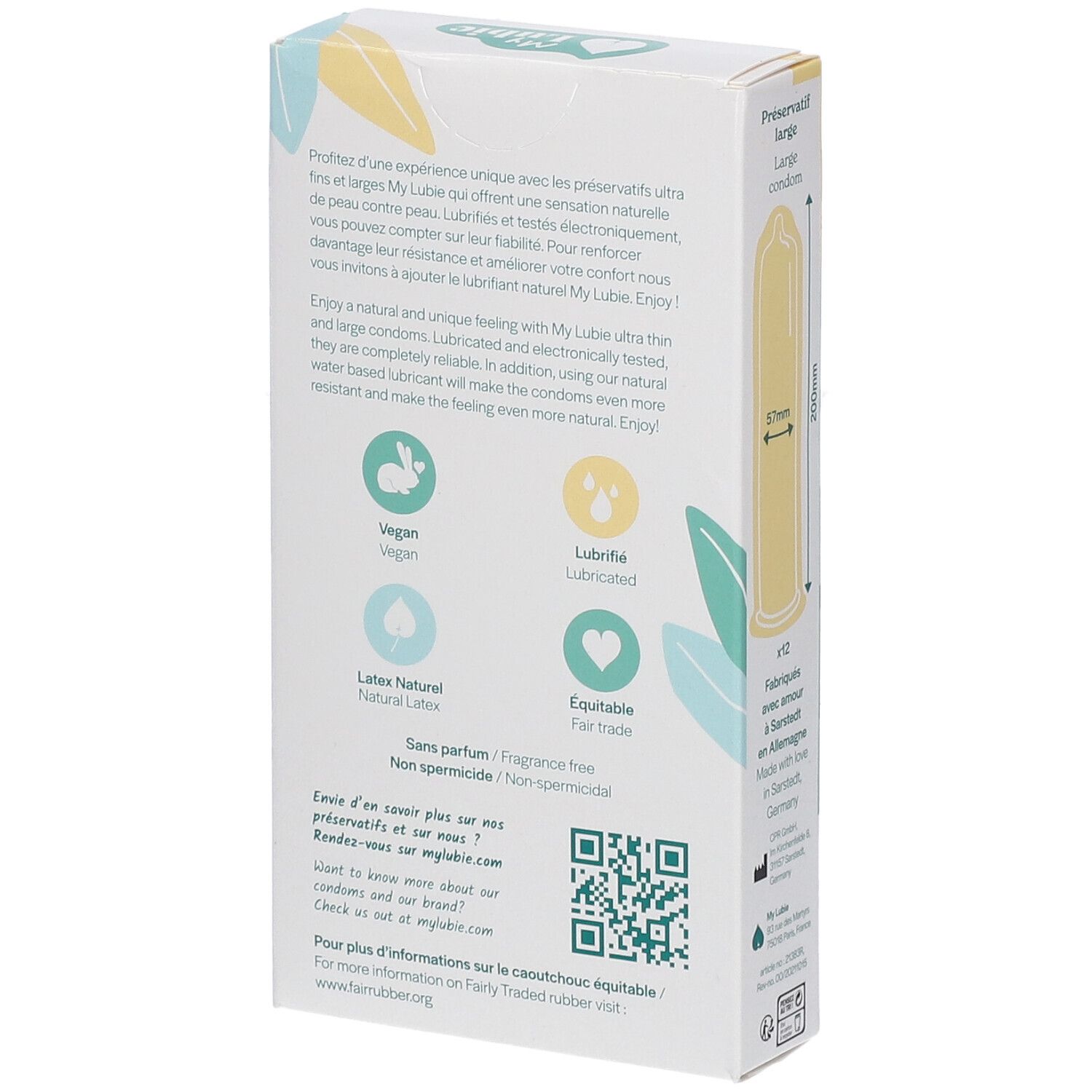 Dos de la boîte de préservatifs. Marque My Lubie. Informations sur les ingrédients et certifications. Code QR et logos : Vegan, Lubrifié, Latex Naturel, Fair Trade.