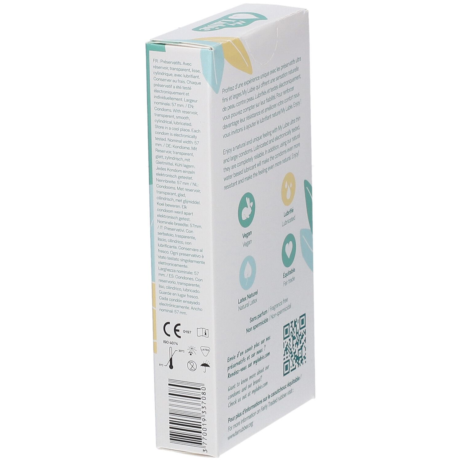 Côté de la boîte de préservatifs. Marque My Lubie. Informations sur les ingrédients et certifications. Code QR et logos : Vegan, Lubrifié, Latex Naturel, Fair Trade.