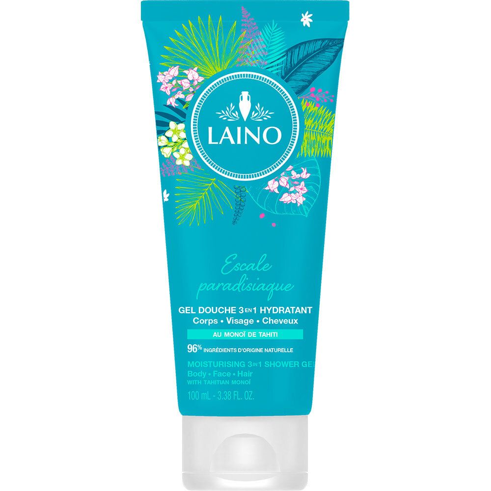 Tube turquoise avec bouchon blanc. Inscription: LAINO, Escale paradisiaque, Gel Douche 3 en 1 hydratant. Motif floral.