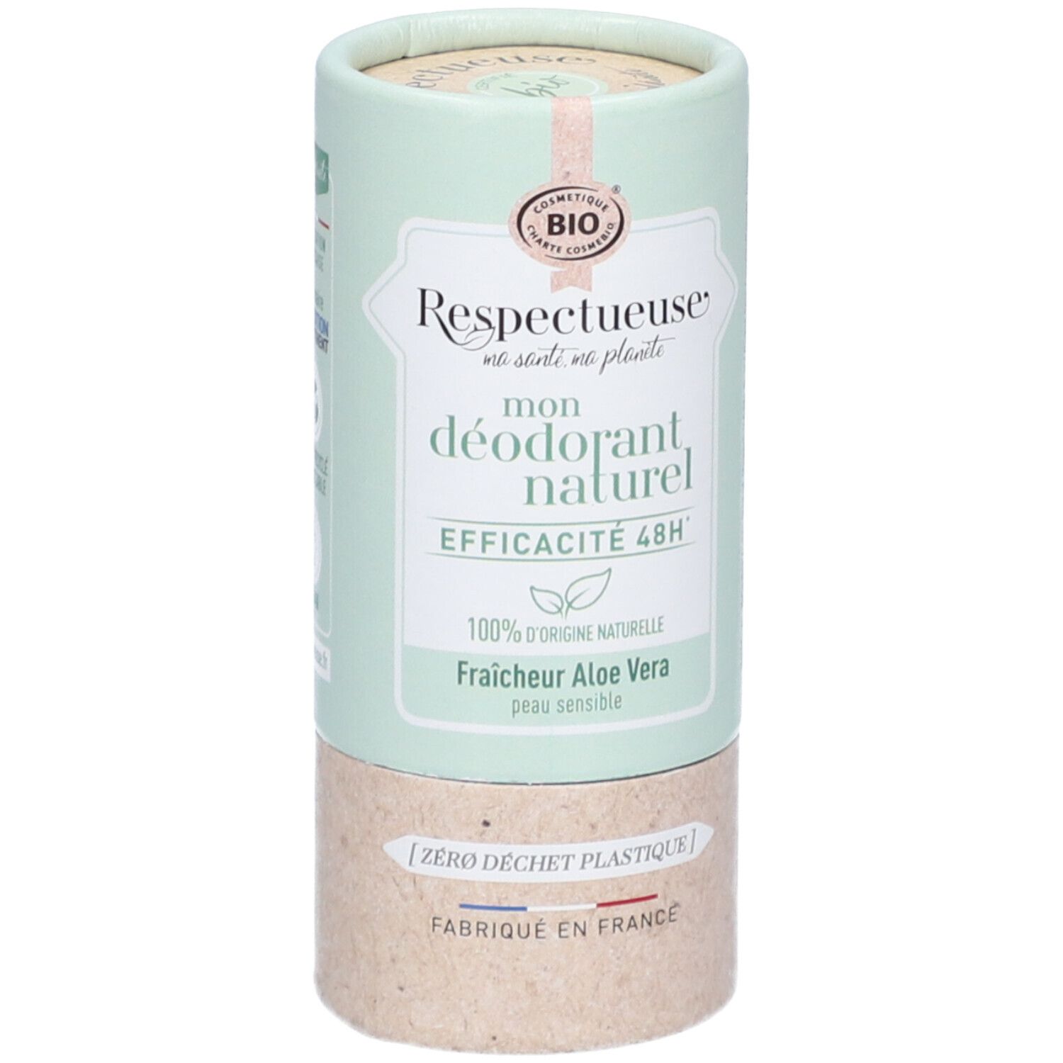 Déodorant cylindrique. Texte principal : "Respectueuse mon déodorant naturel". Couleurs vert et blanc. "Fraîcheur Aloe Vera Peau Sensible".