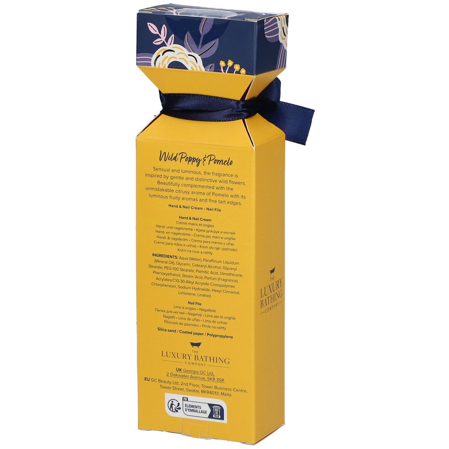 Dos du coffret cadeau. Texte: Wild Poppy & Pomelo. Ingrédients et informations. Logo: The Luxury Bathing Company. Certification.