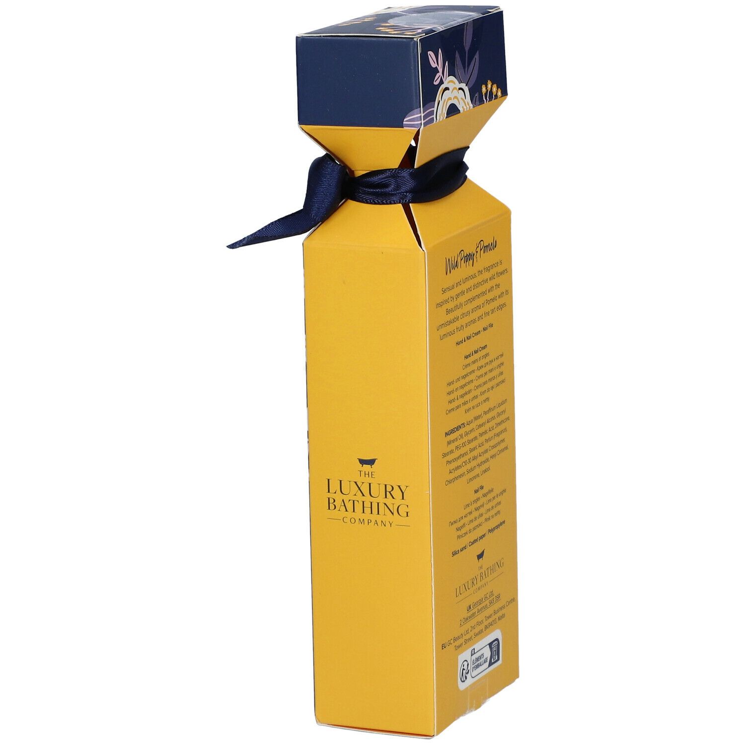 Coffret cadeau jaune et bleu. Inscription: The Luxury Bathing Company. Texte: Wild Poppy & Pomelo. Avec nœud.