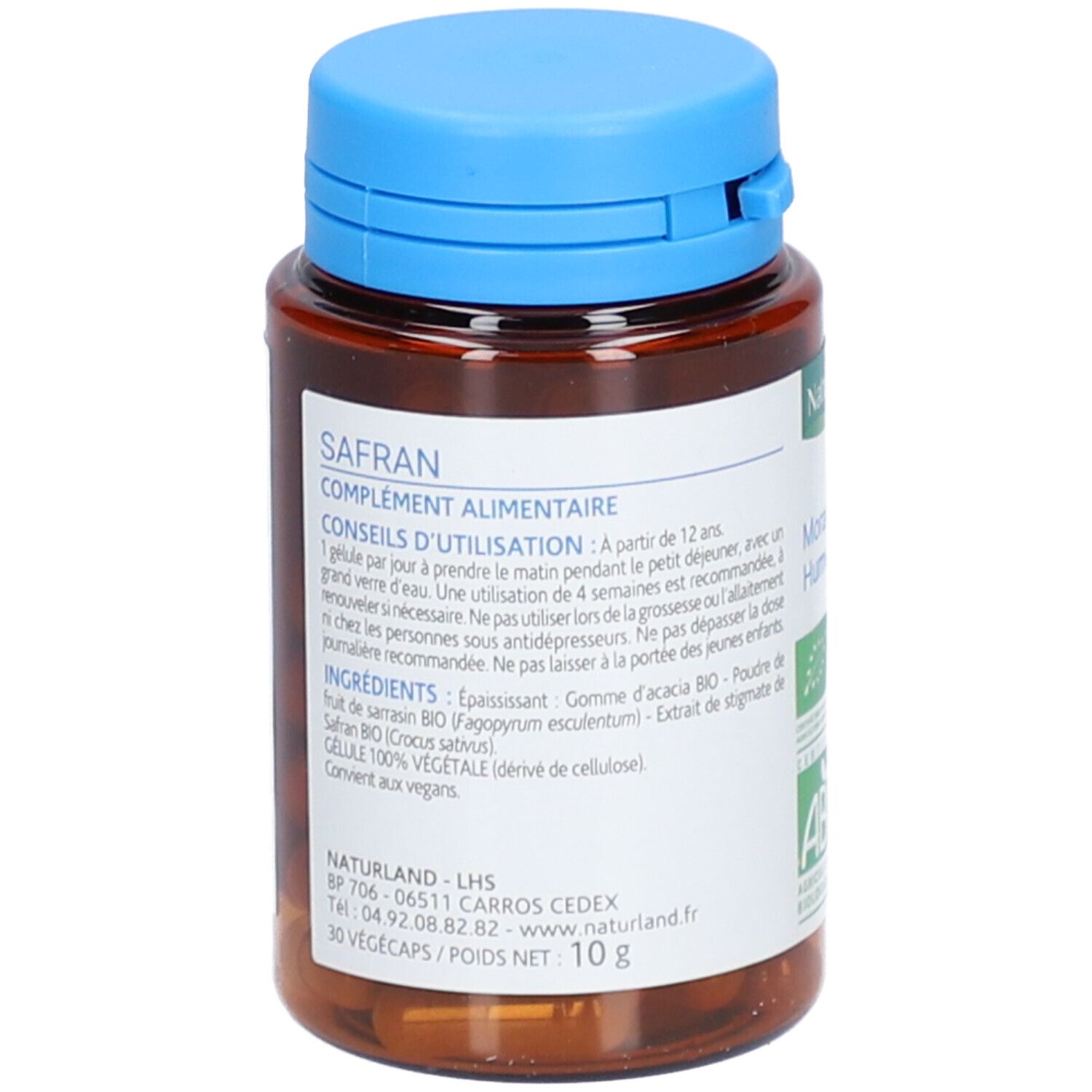 Flacon marron avec bouchon bleu. Inscription: Safran, complément alimentaire. Contient 30 Vegicaps. Liste des ingrédients et coordonnées du fabricant.