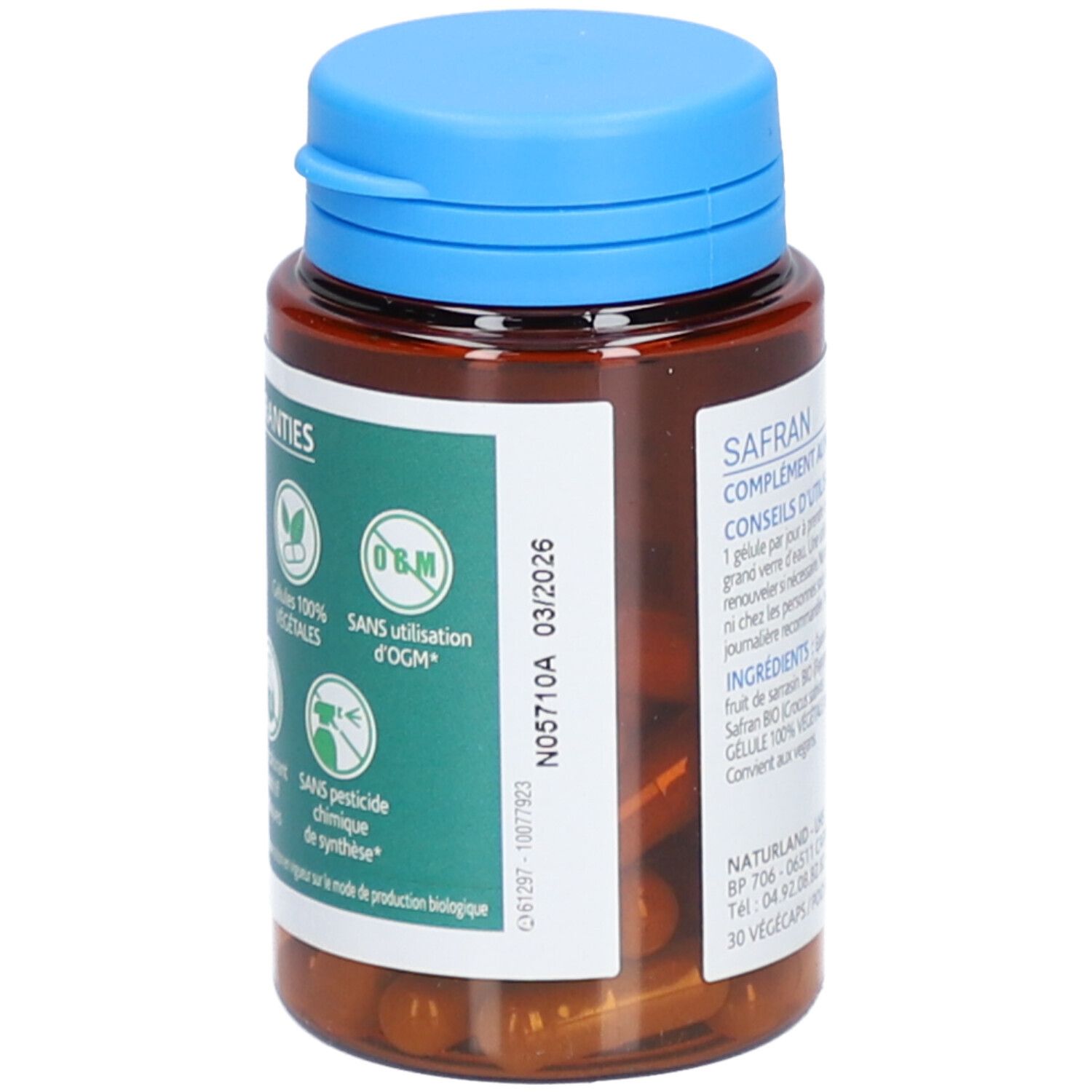 Flacon marron avec bouchon bleu. Inscription: Safran, complément alimentaire. Contient 30 Vegicaps. Autocollant avec date de péremption 03/2026.