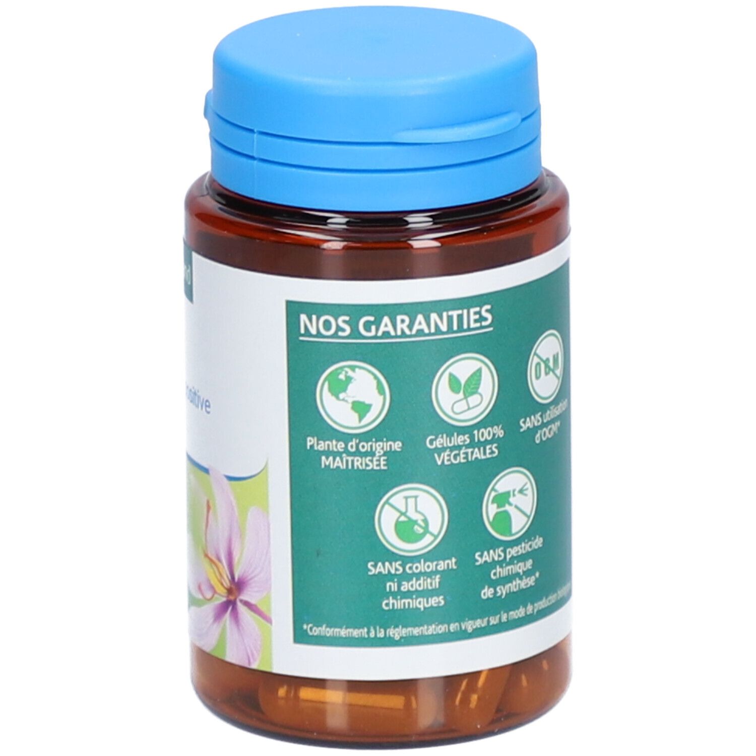 Flacon marron avec bouchon bleu. Inscription: Nos garanties. Logos pour plantes, gélules végétales, sans OGM et pesticides sont représentés.