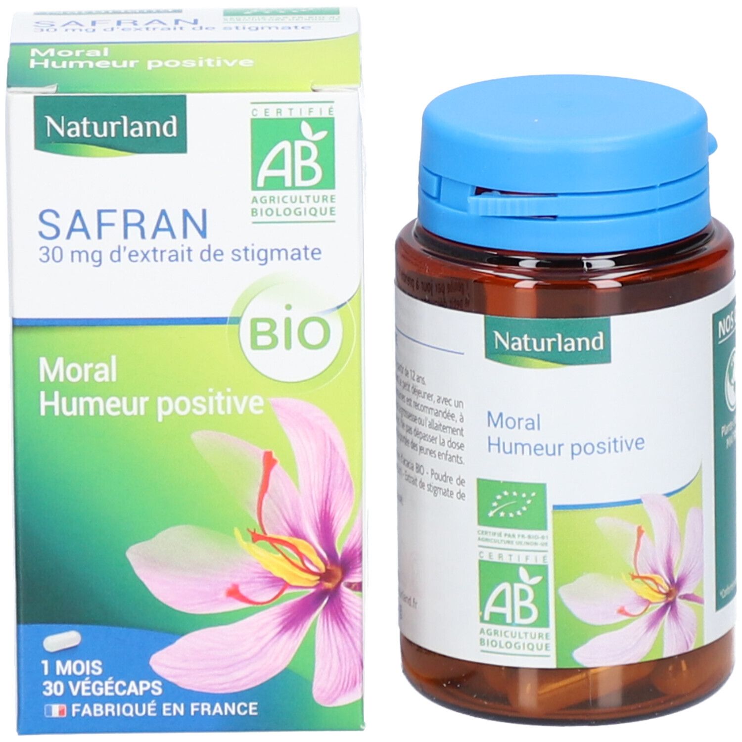 Emballage et flacon. Emballage: vert-blanc, inscription: Safran, 30 mg d'extrait. Flacon: marron, bleu, inscription: Naturland.