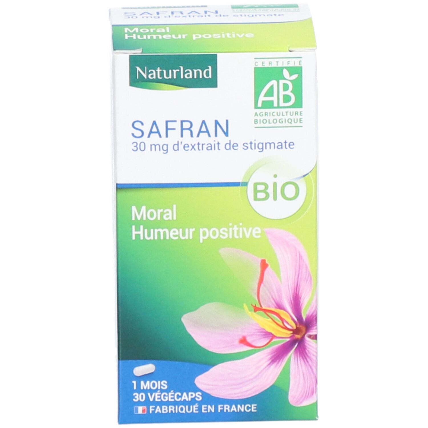 Emballage vert et blanc. Inscription: Safran, 30 mg d'extrait. Une fleur et le label AB-Bio sont représentés. Contient 30 Vegicaps.