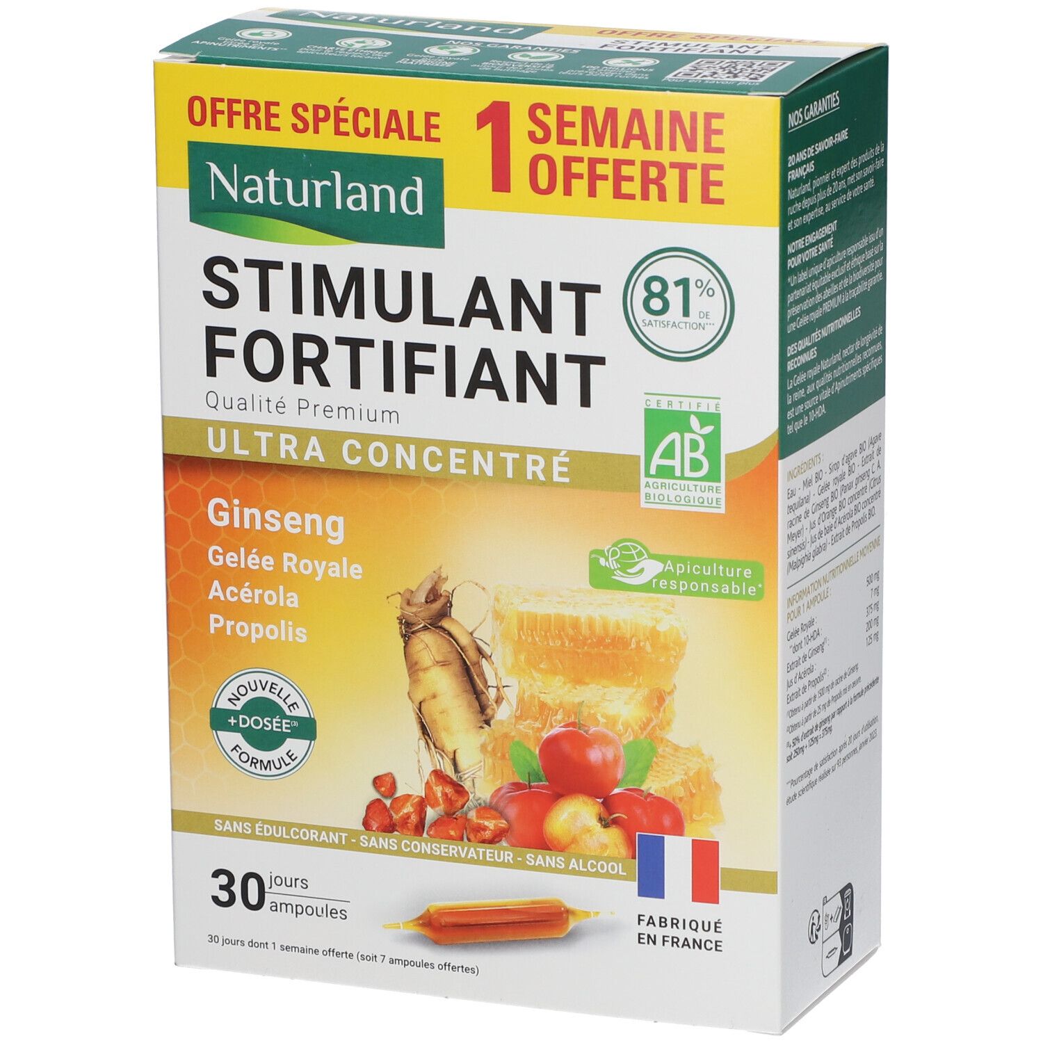 Boîte de Naturland Stimulant & Fortifiant Ultra Concentré. Contient 30 ampoules. Avec ginseng, gelée royale, acérola, propolis.