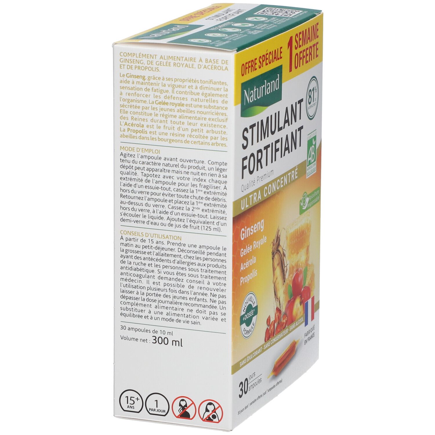 Vue latérale de la boîte Naturland Stimulant & Fortifiant Ultra Concentré. Contient 30 ampoules. Avec ginseng, gelée royale, acérola, propolis.