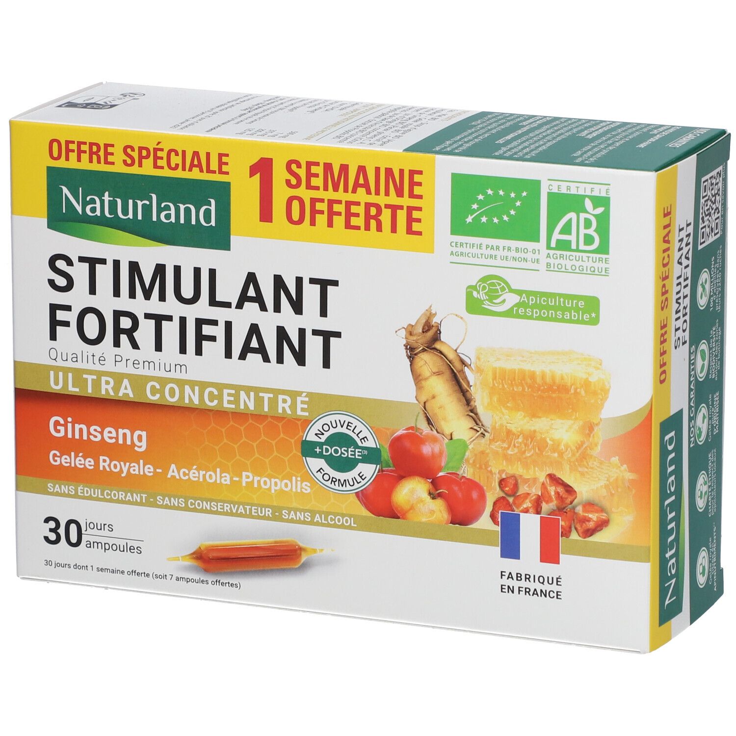 Boîte Naturland Stimulant & Fortifiant Ultra Concentré. Contient 30 ampoules. Avec ginseng, gelée royale, acérola, propolis. Label AB.