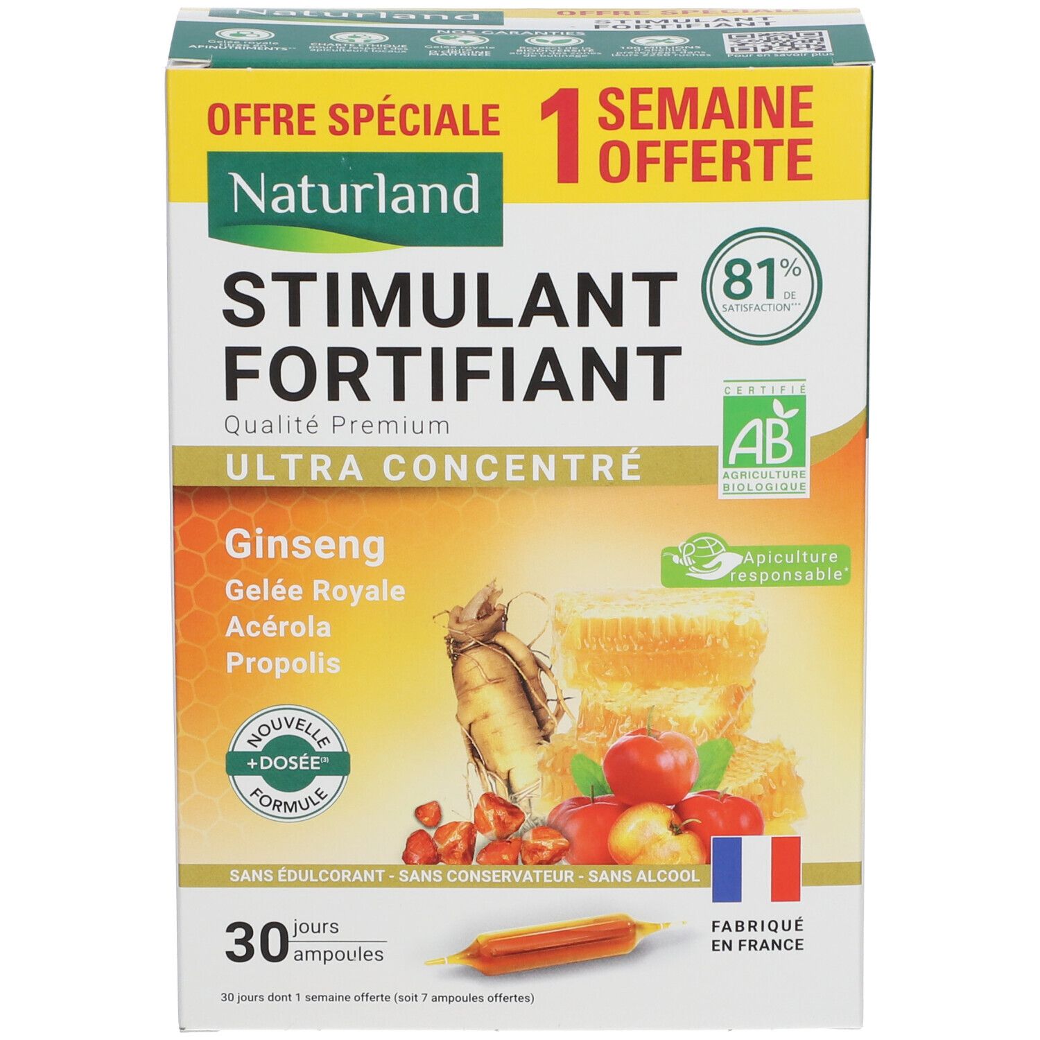 Boîte Naturland Stimulant & Fortifiant Ultra Concentré. Contient 30 ampoules. Avec ginseng, gelée royale, acérola, propolis. Label AB.
