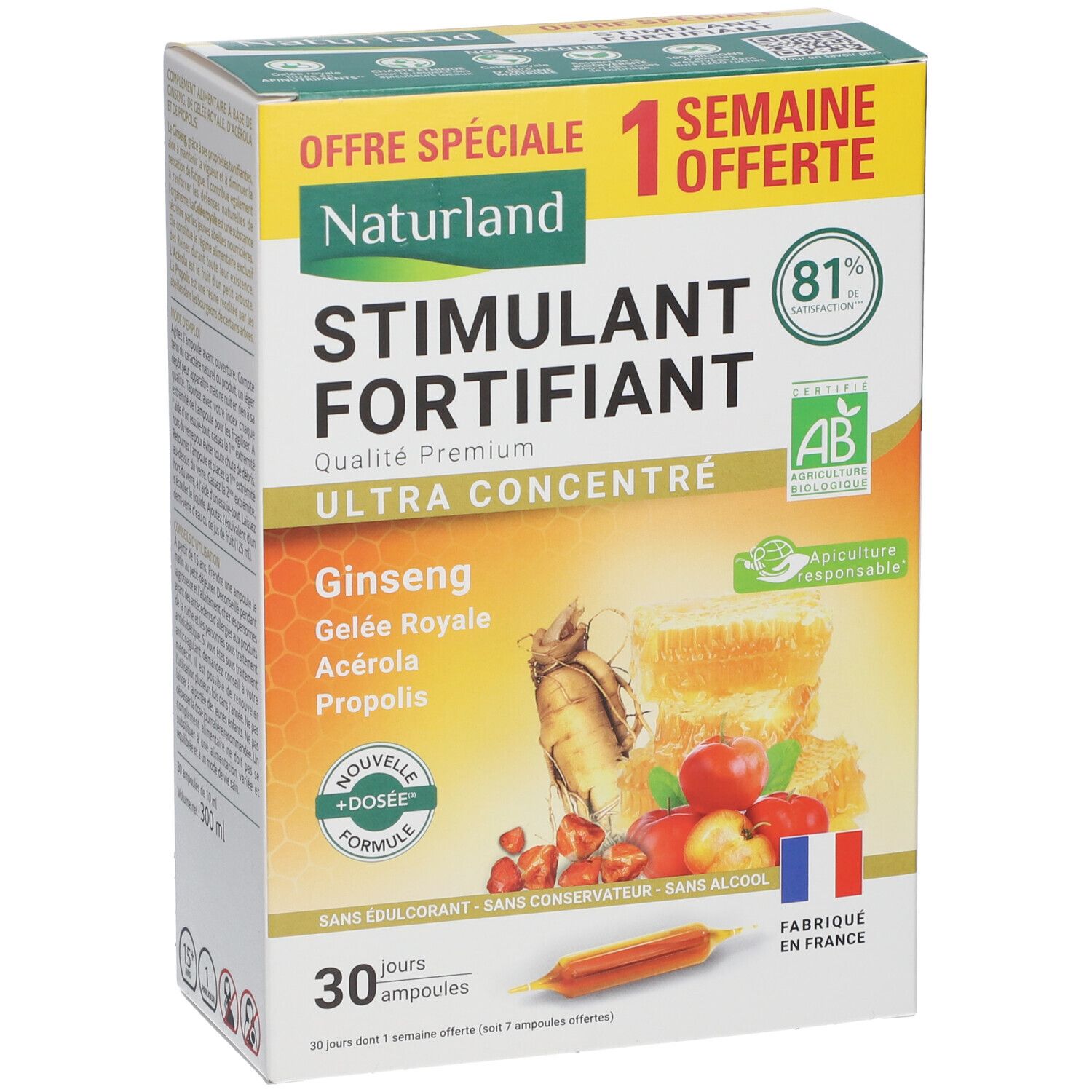 Boîte Naturland Stimulant & Fortifiant Ultra Concentré. Contient 30 ampoules. Avec ginseng, gelée royale, acérola, propolis. Label AB.