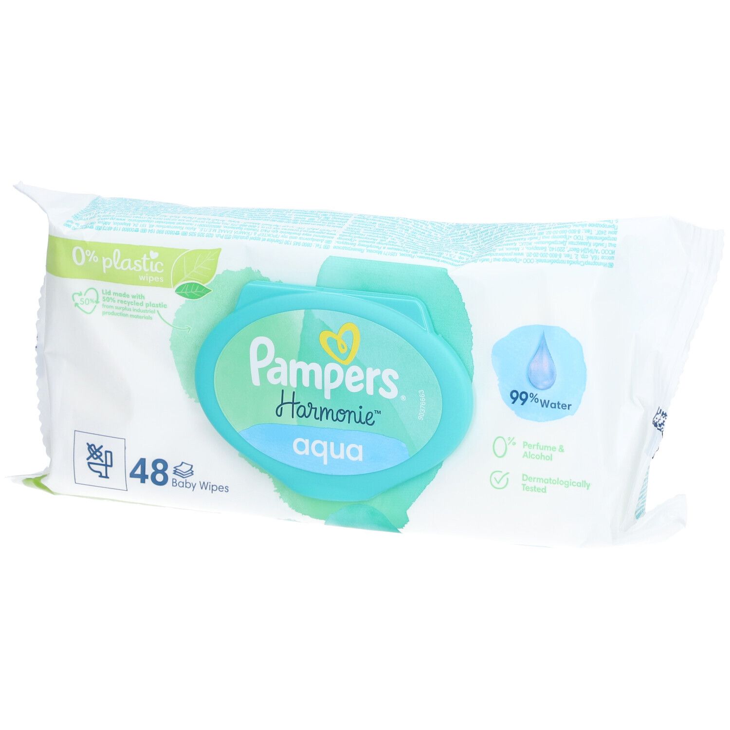 Paquet de lingettes pour bébé Pampers Harmonie Aqua. 48 lingettes. 0% plastique, 99% eau. Sans parfum ni alcool. Testé dermatologiquement.