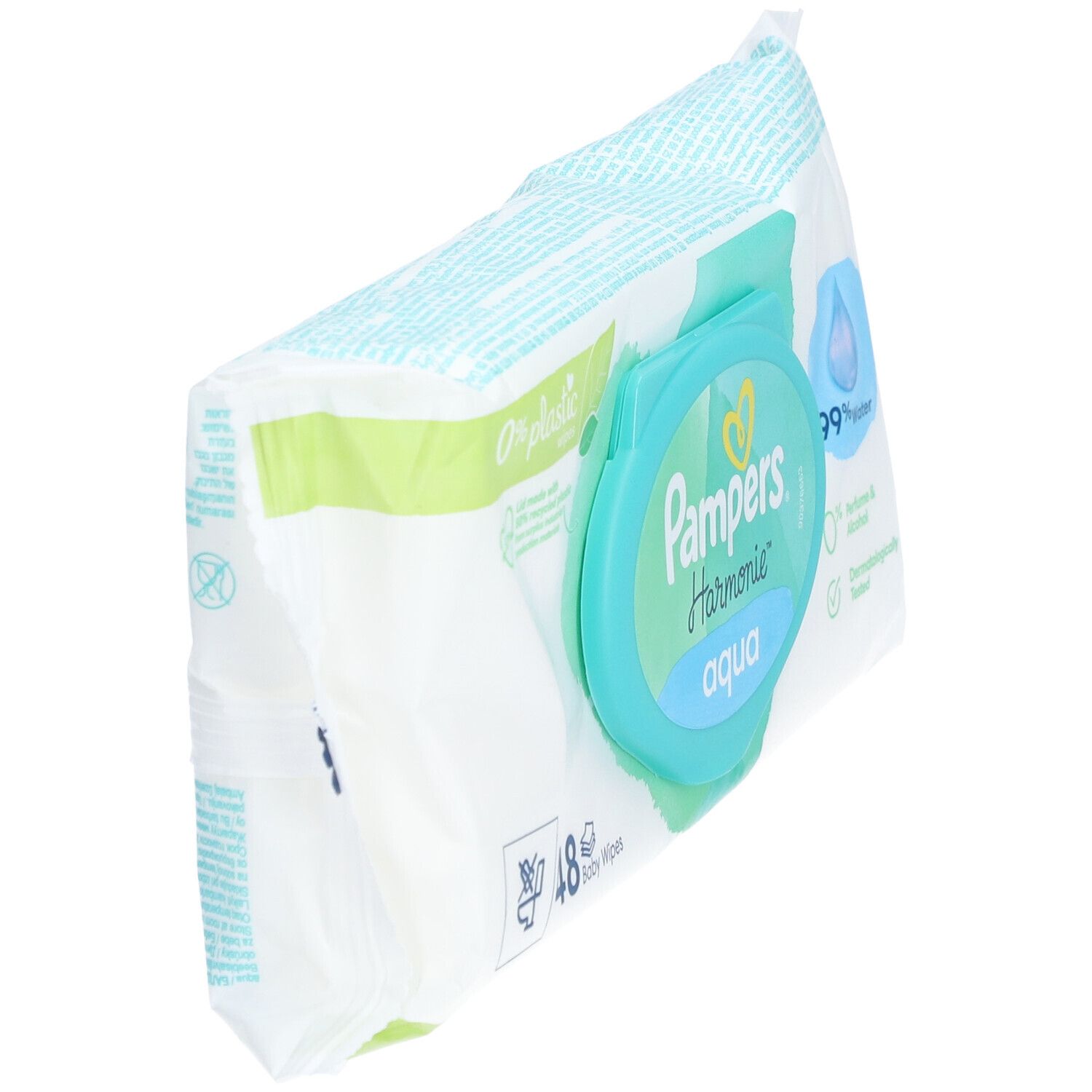 Paquet de lingettes Pampers Harmonie Aqua en biais. 48 lingettes. Couvercle turquoise. 0% plastique, 99% eau. Sans parfum ni alcool.