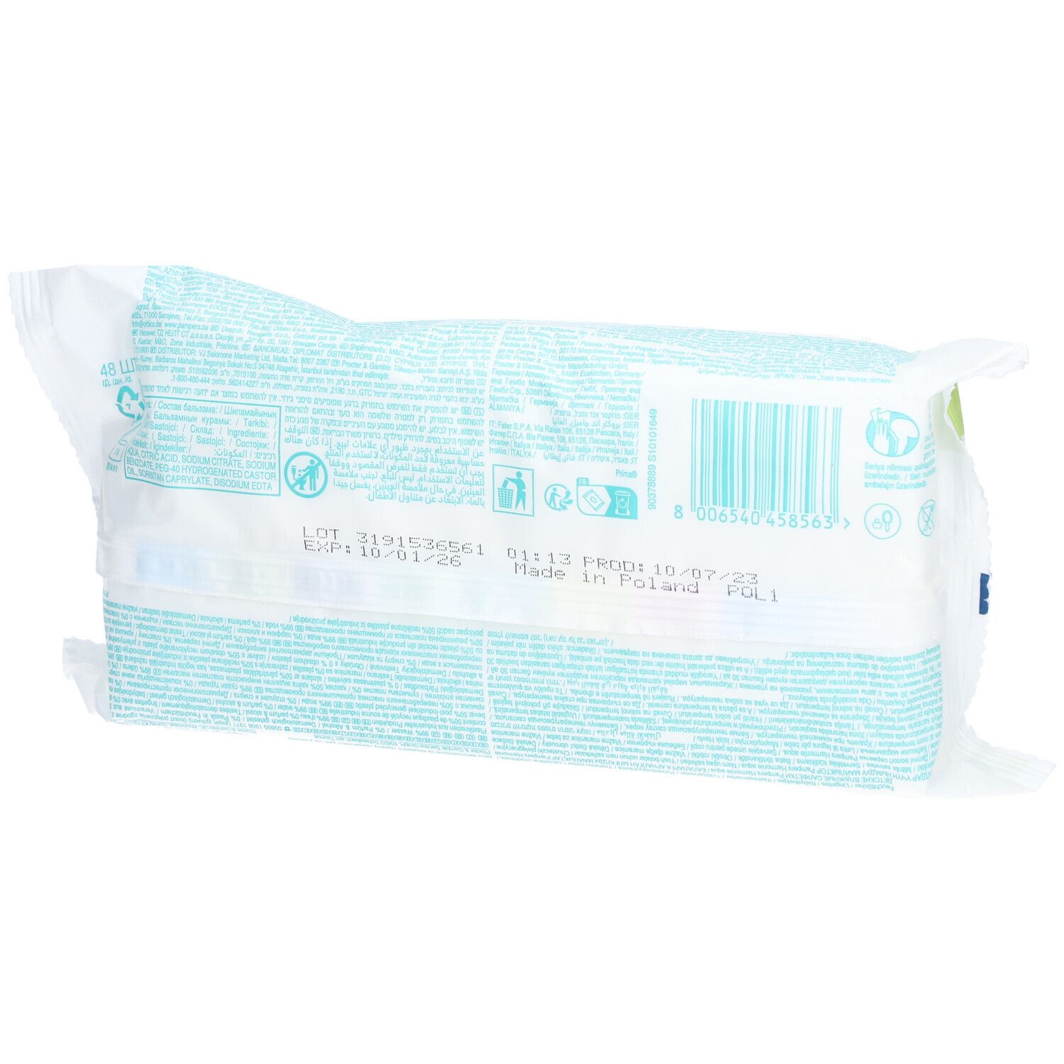 Dos du paquet de lingettes Pampers Harmonie Aqua. Texte et code-barres. Fabriqué en Pologne. Date de péremption : 18/01/26.