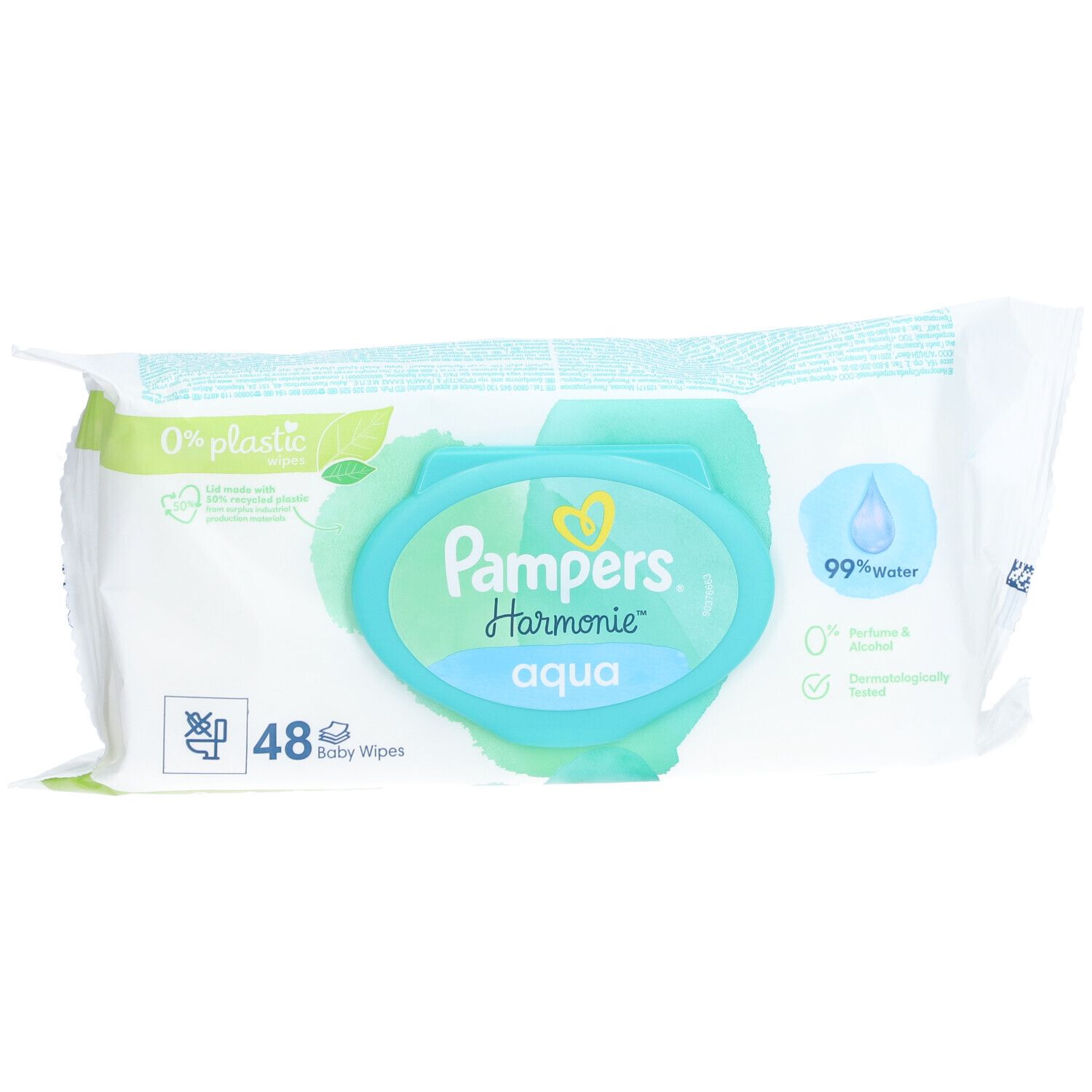Paquet de lingettes pour bébé Pampers Harmonie Aqua. 48 lingettes. 0% plastique, 99% eau. Sans parfum ni alcool. Testé dermatologiquement.
