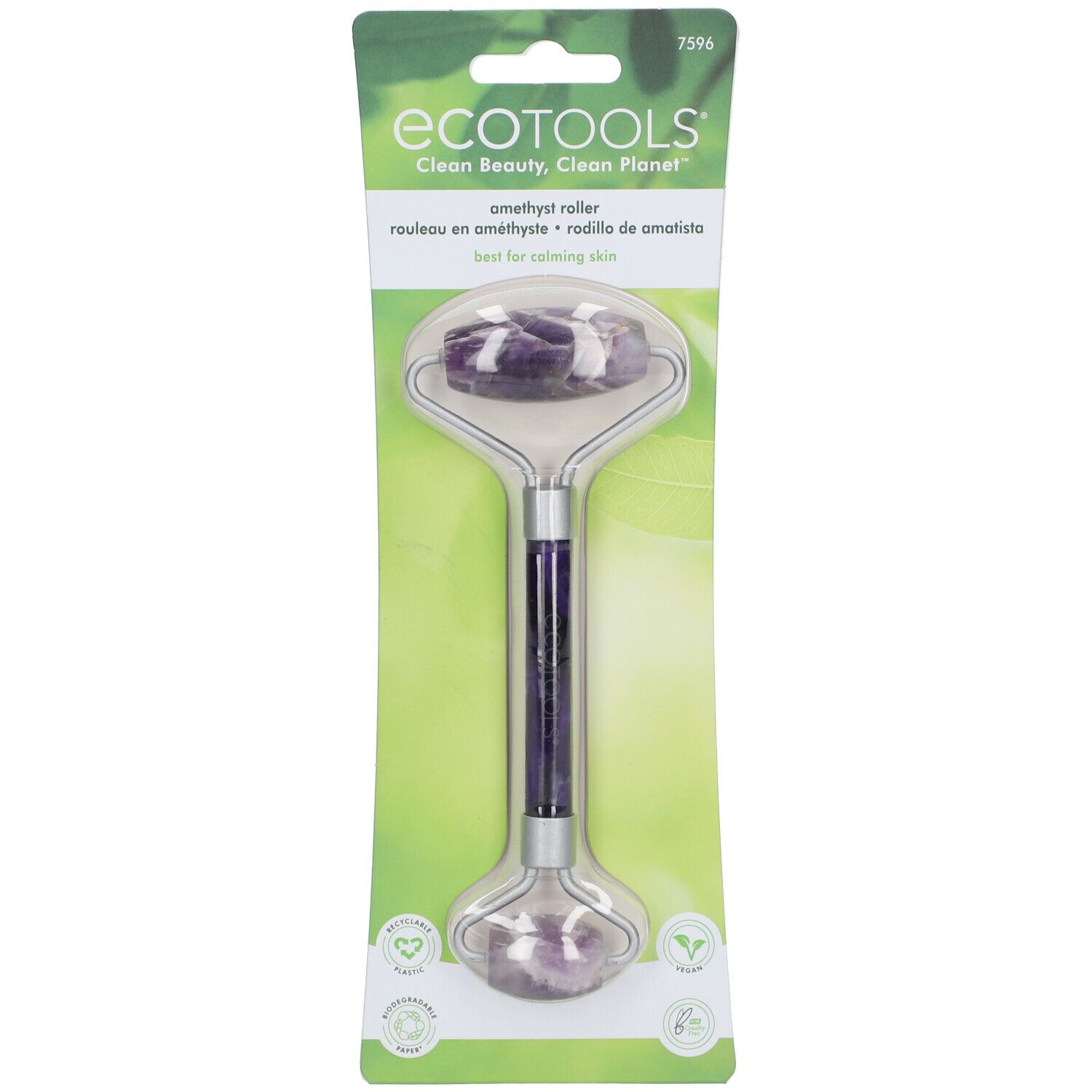Rouleau EcoTools Amethyst en emballage. Rouleau d'améthyste avec pierres violettes et manche argenté. Best for calming skin.