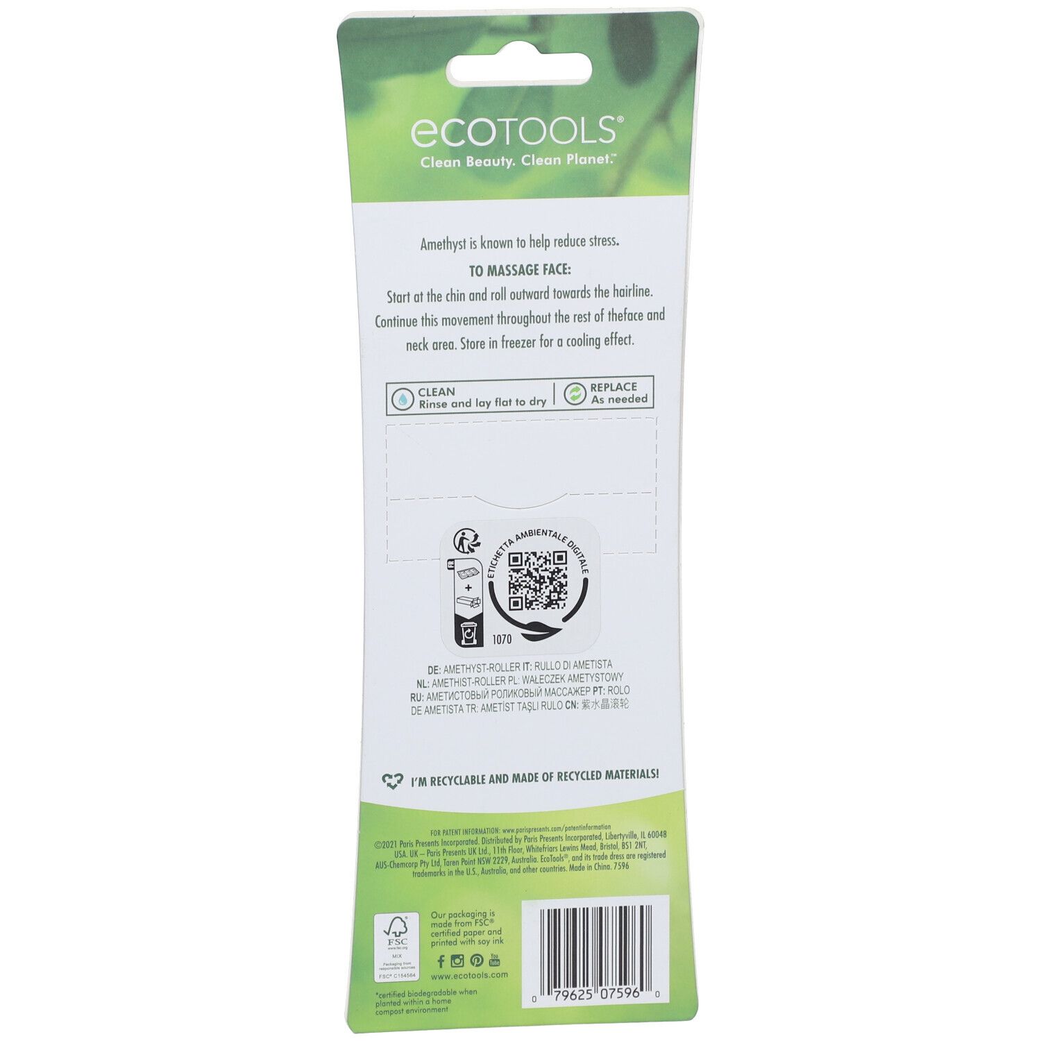 Dos de l'emballage du rouleau EcoTools Amethyst. Texte avec instructions et code QR. Matériau recyclable.
