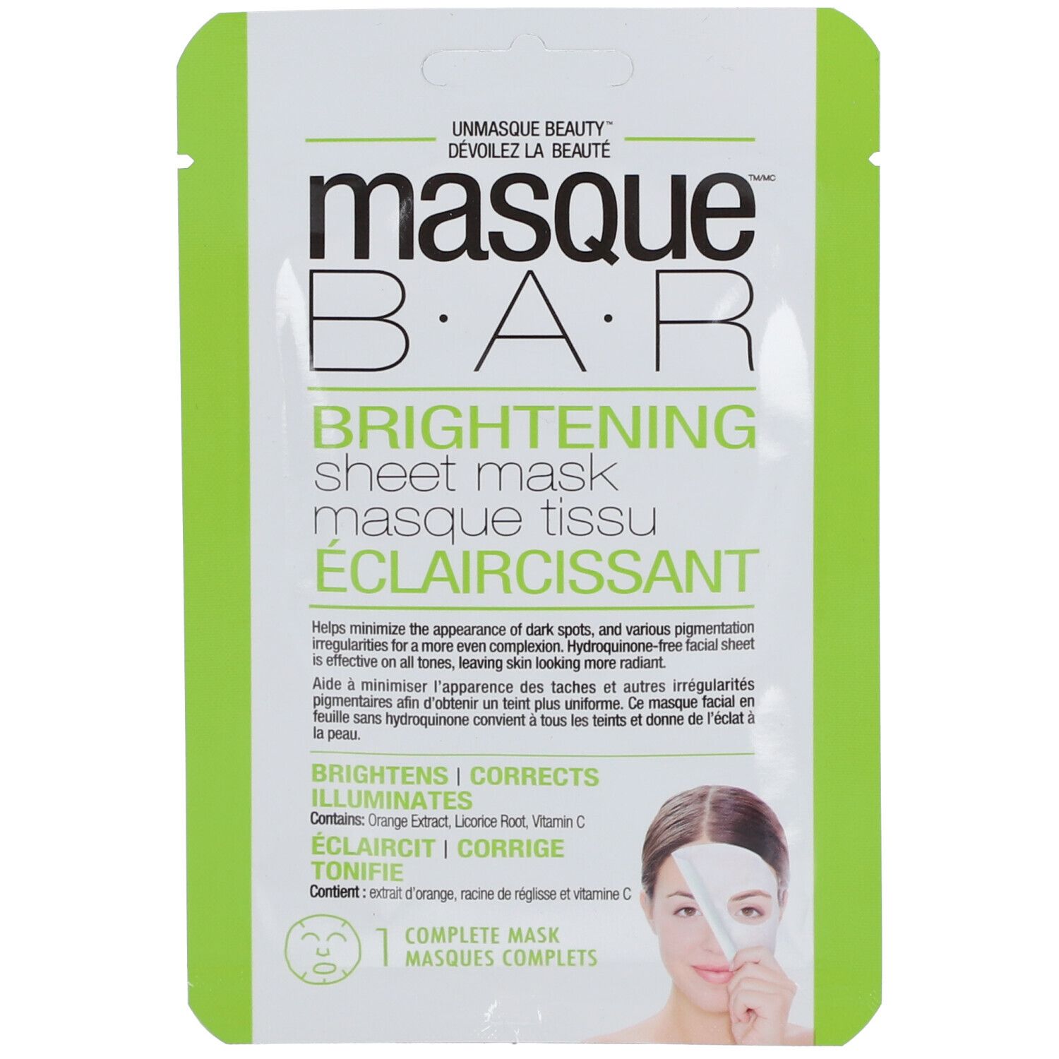 Emballage individuel de masque avec logo "masque BAR". Texte: Brightening Sheet Mask. Contient 1 masque.
