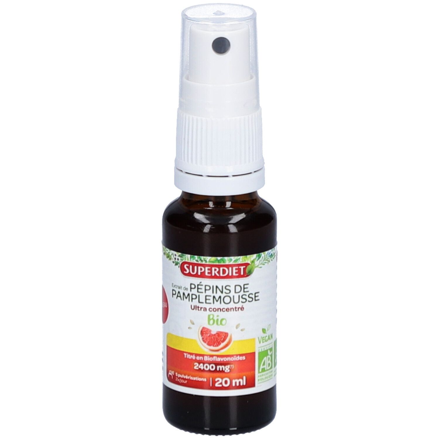 Flacon en verre brun avec vaporisateur blanc. Étiquette avec nom du produit, label bio et informations. 20 ml.