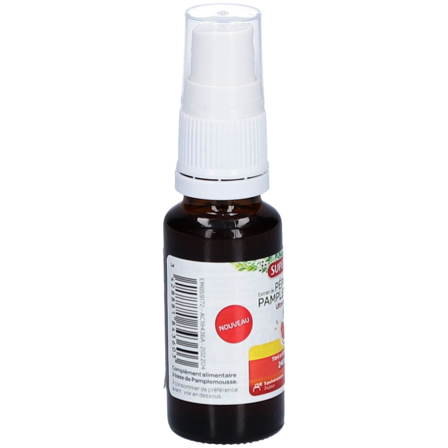 Flacon en verre brun avec vaporisateur blanc. Étiquette avec nom du produit, label bio et informations. Label nouveau produit.