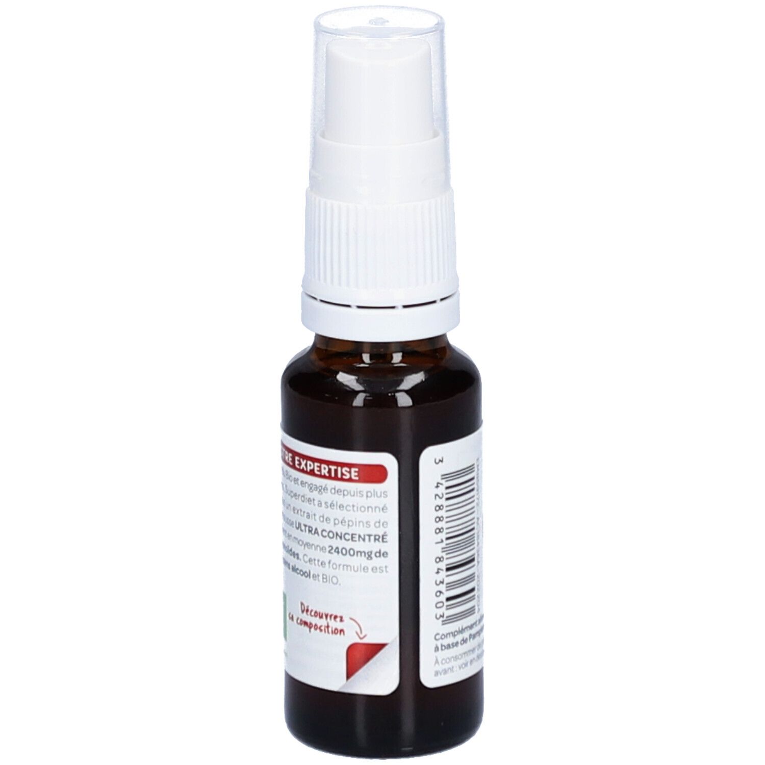 Flacon en verre brun avec vaporisateur blanc. Étiquette avec informations produit et code-barres. Vue arrière.