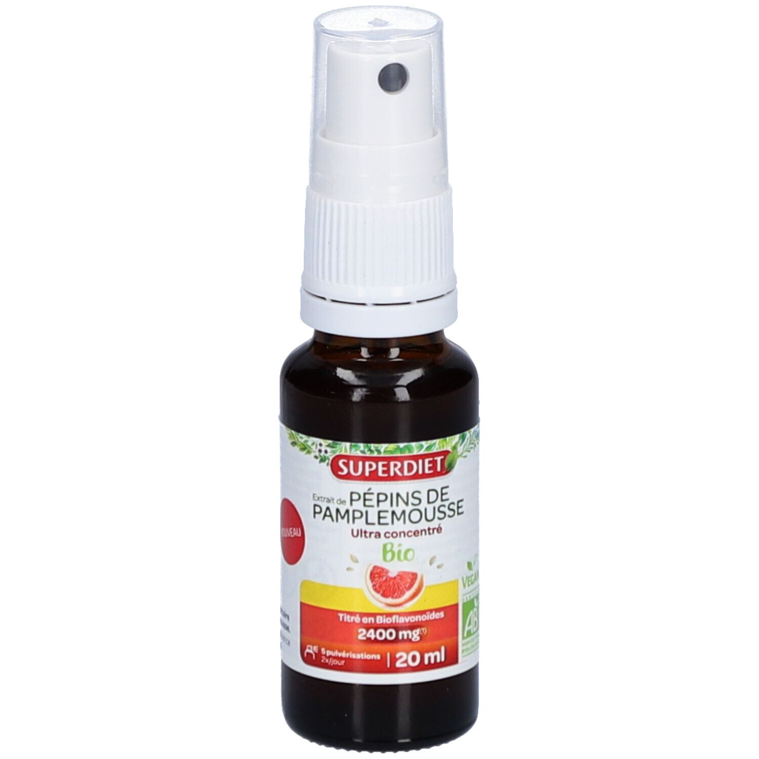 Flacon en verre brun avec vaporisateur blanc. Étiquette avec nom du produit, label bio et informations. Label rouge.