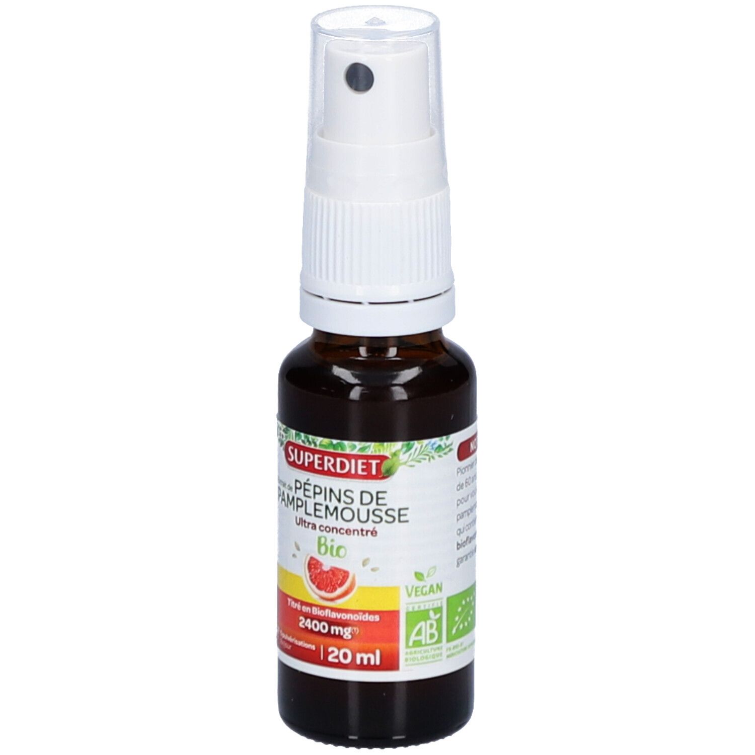 Flacon en verre brun avec vaporisateur blanc. Étiquette avec nom du produit, label bio et informations. 20 ml.