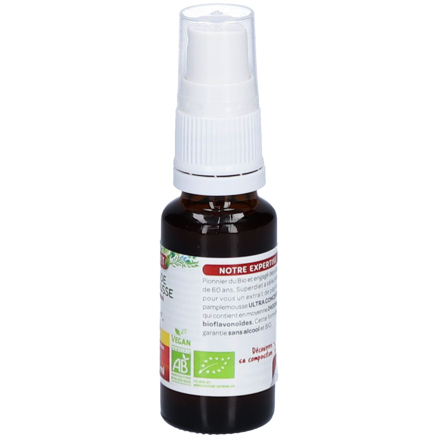 Flacon en verre brun avec vaporisateur blanc. Étiquette avec informations produit, label bio et texte. Vue arrière.