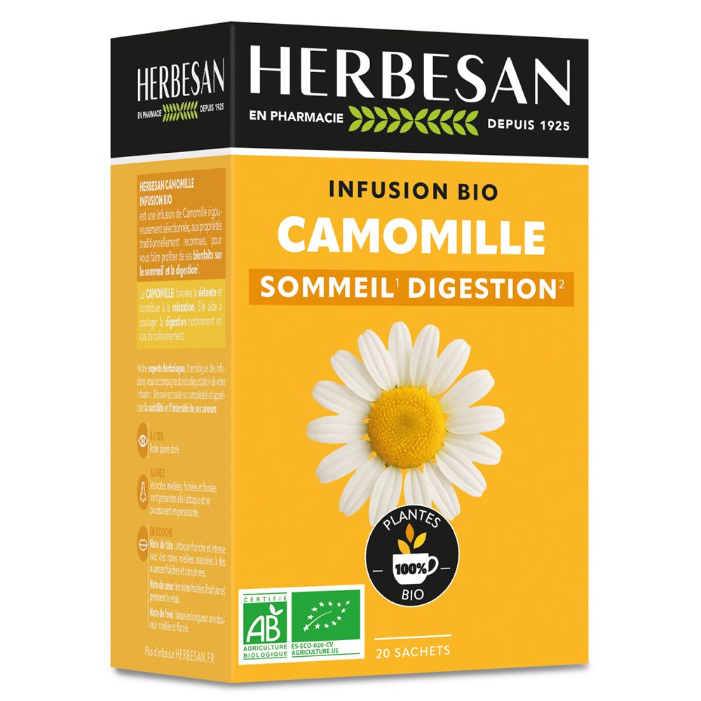 Boîte jaune avec logo Herbesan et fleur de camomille. Texte : Infusion Bio Camomille Sommeil Digestion. 20 sachets, label bio.