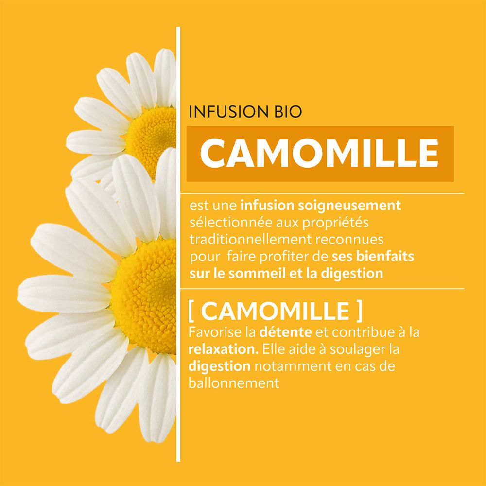 Fond jaune avec fleurs de camomille. Texte : Infusion Bio Camomille. Décrit les propriétés de la camomille pour le sommeil et la digestion.