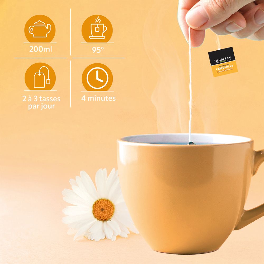 Main tenant un sachet de thé au-dessus d'une tasse. Impression : Herbesan Camomille. À côté, une fleur de camomille. Instructions.