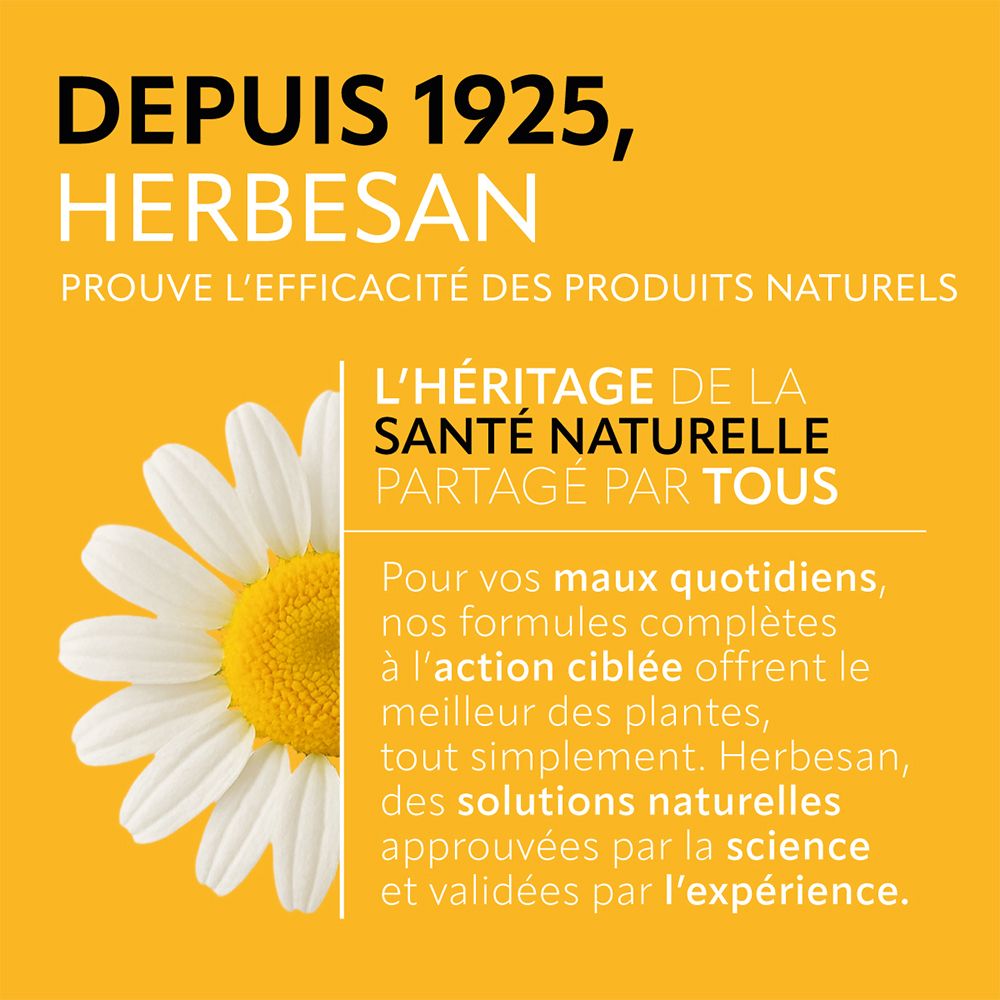 Fond jaune avec fleur de camomille. Texte : Depuis 1925, Herbesan. Explication sur la santé naturelle et les produits.